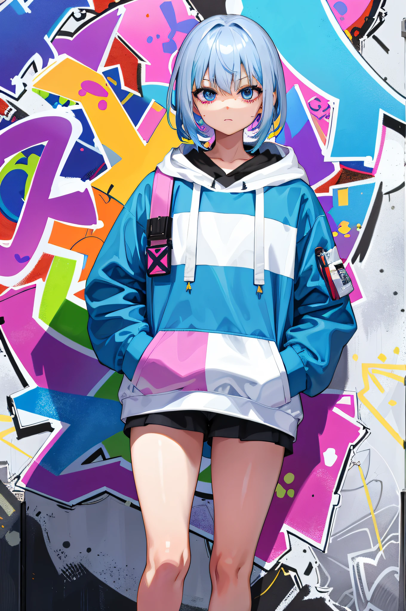 Masterpiece, high quality, high resolution, absurd, super fine, 8k, 1girl, platinum gray hair, blue hair, colorful hair, gradient hair, looking at the viewer, colorful eyes, colorful hoodie, (graffiti mural background wall : 1.15), Wonderful Paint, Bloom, Portrait, Crosshair, Shut Up, Fanny Pack, Against the Wall, Bangs, Shadow, Reflection
