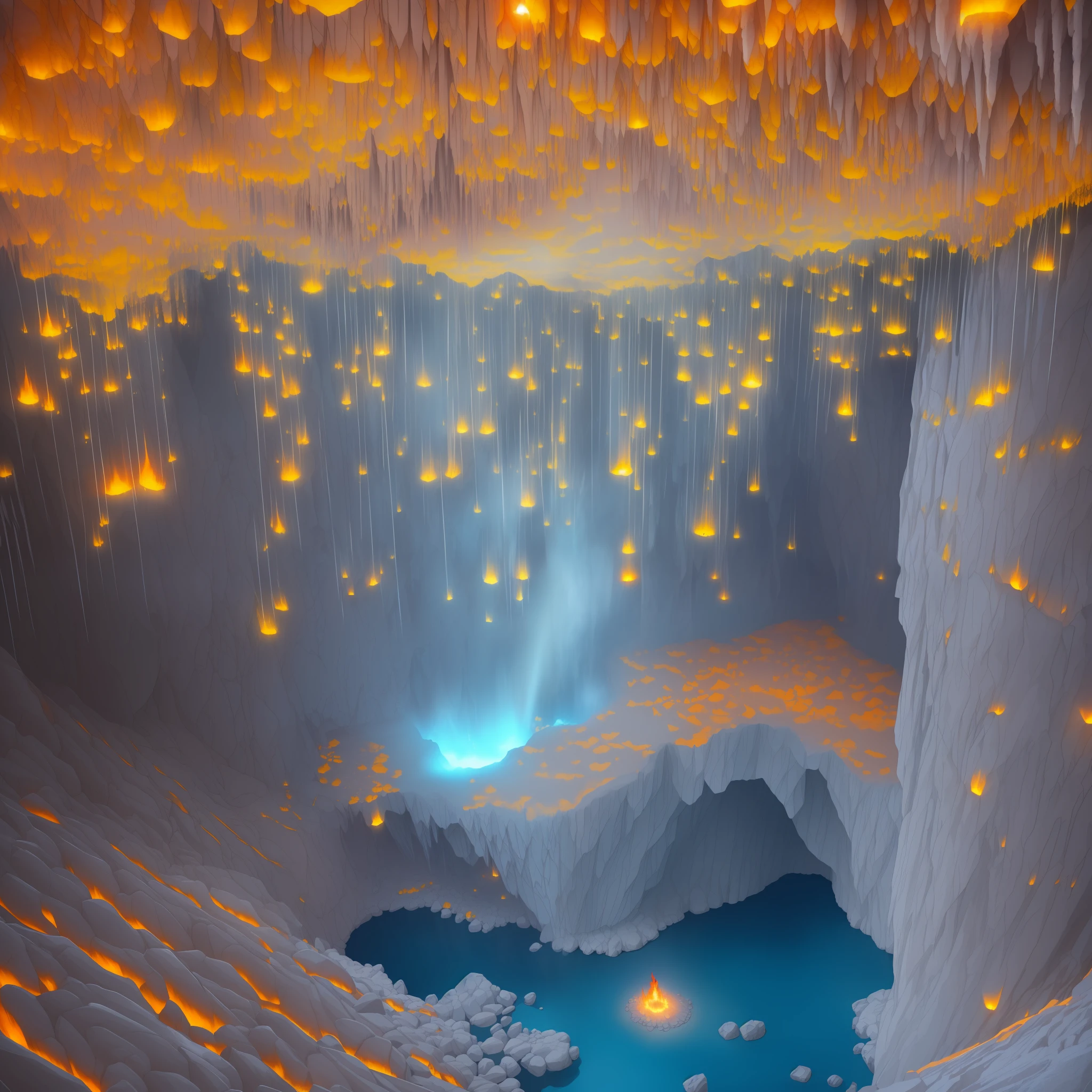 Extensive landscape photography (bottom view, which shows the vault of the cave, (detailed description of the cave), stalactites (detailed), stalagmites (detailed), as well as helicates (detailed), lake (detailed), lava, below), solo gray-haired guy in a shirt and trousers (1: 5), short light gray hair, yellow eyes, dressed in a shirt, trousers, (ultradetailed description of appearance( standing on a stone ledge and looking down (Fire Lake: 1,2), (falling stones: 0.9), (fire: 1.3), crystals, stones, lava, cave BREAK production art, (cold light source:1.2), (Firefly:1.2), fire particles, a lot of dark, red, yellow and orange, complex details, volumetric lighting, realism BREAK (masterpiece:1.2), (best quality), 4k, ultra-detailed, (dynamic composition: 1.4), high detailed, colorful details, (gloomy colors: 1.2), (luminous lighting, atmospheric lighting), gloomy, magical, (solo: 1.2) --auto --s2