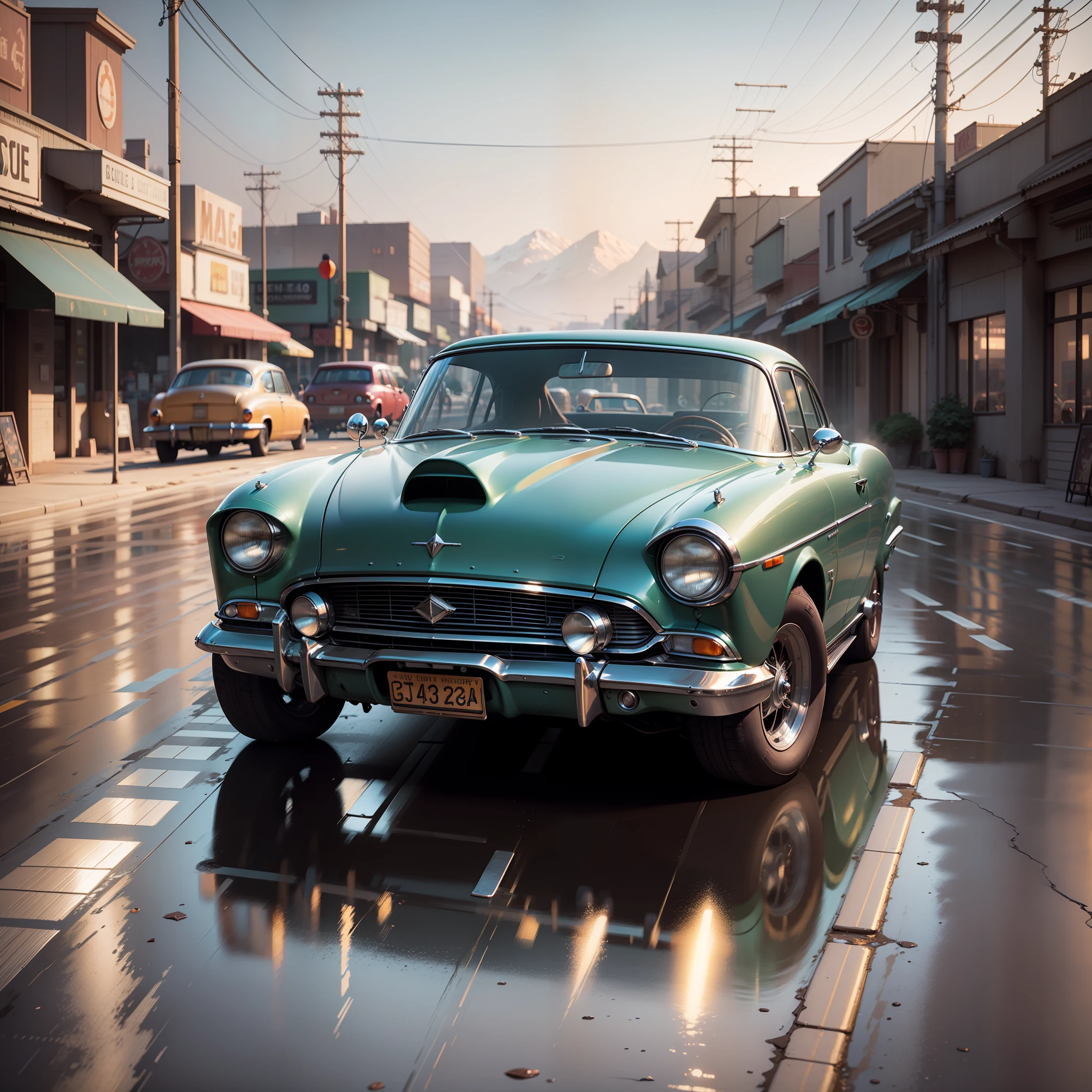 Old cars in reflection asphalt, soft light, in the style of artgerm and makoto shinkai, highly detailed, 3d concept art, artstation trending on Artstation, 8k, smooth, sharp focus, illustration, cinematic, octane render, epic composition, unreal engine 5, high resolution --auto --s2