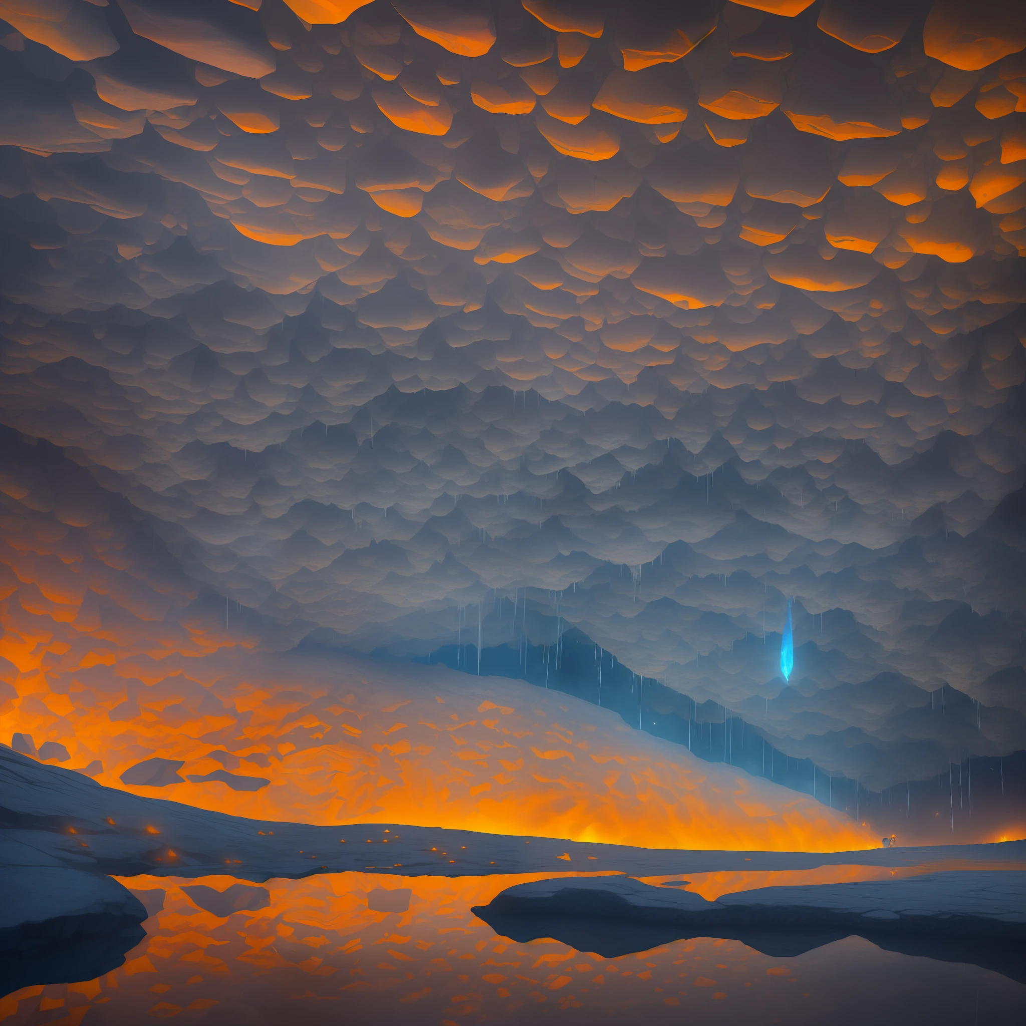 Extensive landscape photography (bottom view, which shows the vault of the cave, (detailed description of the cave), stalactites (detailed), stalagmites (detailed), as well as helicates (detailed), lake (detailed), lava, below), solo gray-haired guy in a shirt and trousers (1: 5), short light gray hair, yellow eyes, dressed in a shirt, trousers, (ultradetailed description of appearance( standing on a stone ledge and looking down (Fire Lake: 1,2), (falling stones: 0.9), (fire: 1.3), crystals, stones, lava, cave BREAK production art, (cold light source:1.2), (Firefly:1.2), fire particles, a lot of dark, red, yellow and orange, complex details, volumetric lighting, realism BREAK (masterpiece:1.2), (best quality), 4k, ultra-detailed, (dynamic composition: 1.4), high detailed, colorful details, (gloomy colors: 1.2), (luminous lighting, atmospheric lighting), gloomy, magical, (solo: 1.2) --auto --s2
