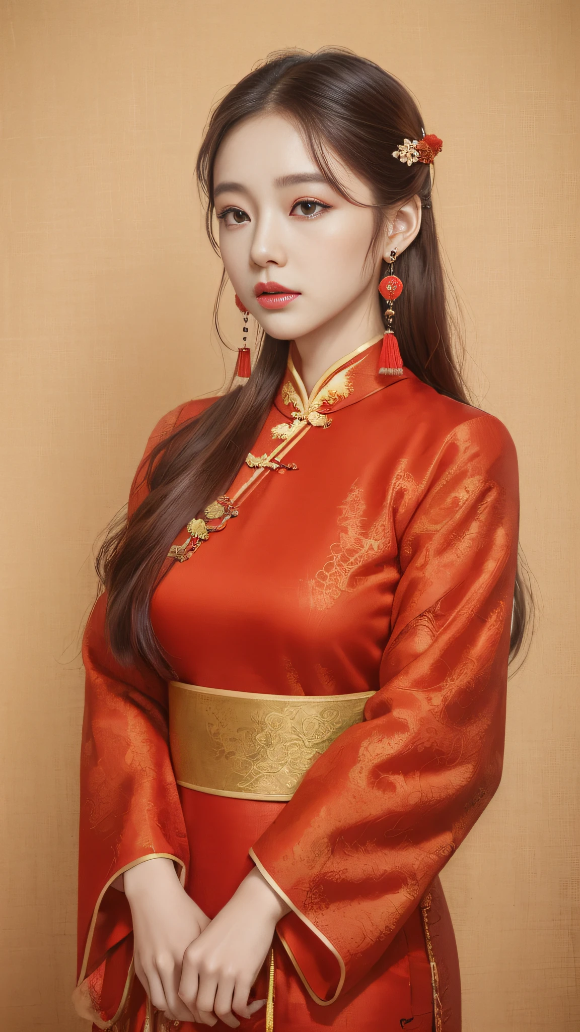 arafed asian woman in red dress with red hair and earrings, wearing a red cheongsam, with acient chinese clothes, chinese dress, cheongsam, inspired by Sim Sa-jeong, gorgeous chinese model, wearing ancient chinese clothes, chinese costume, korean woman, palace , a girl in hanfu, chinese girl, chinese woman, chinese style