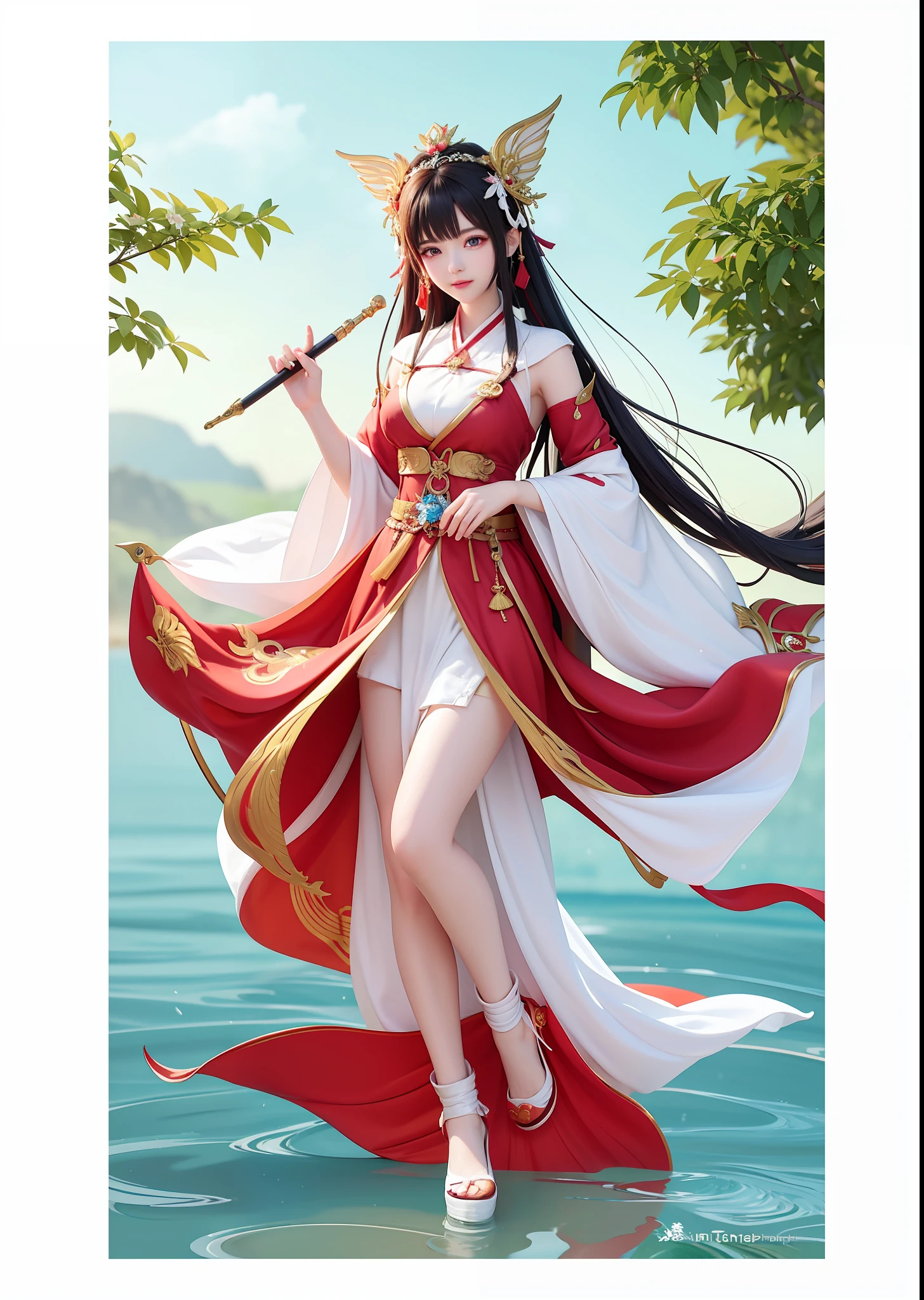 Anime girl with red and white dress, Onmyoji detailed art, Onmyoji, Onmyoji portrait, Asian female water element, sea queen Mu Yanling, full body fairy, anime goddess, Hirase Jinyao, beautiful fantasy queen, Nezha from SMIT, shrine girl, priestess, big breasts, angel six wings