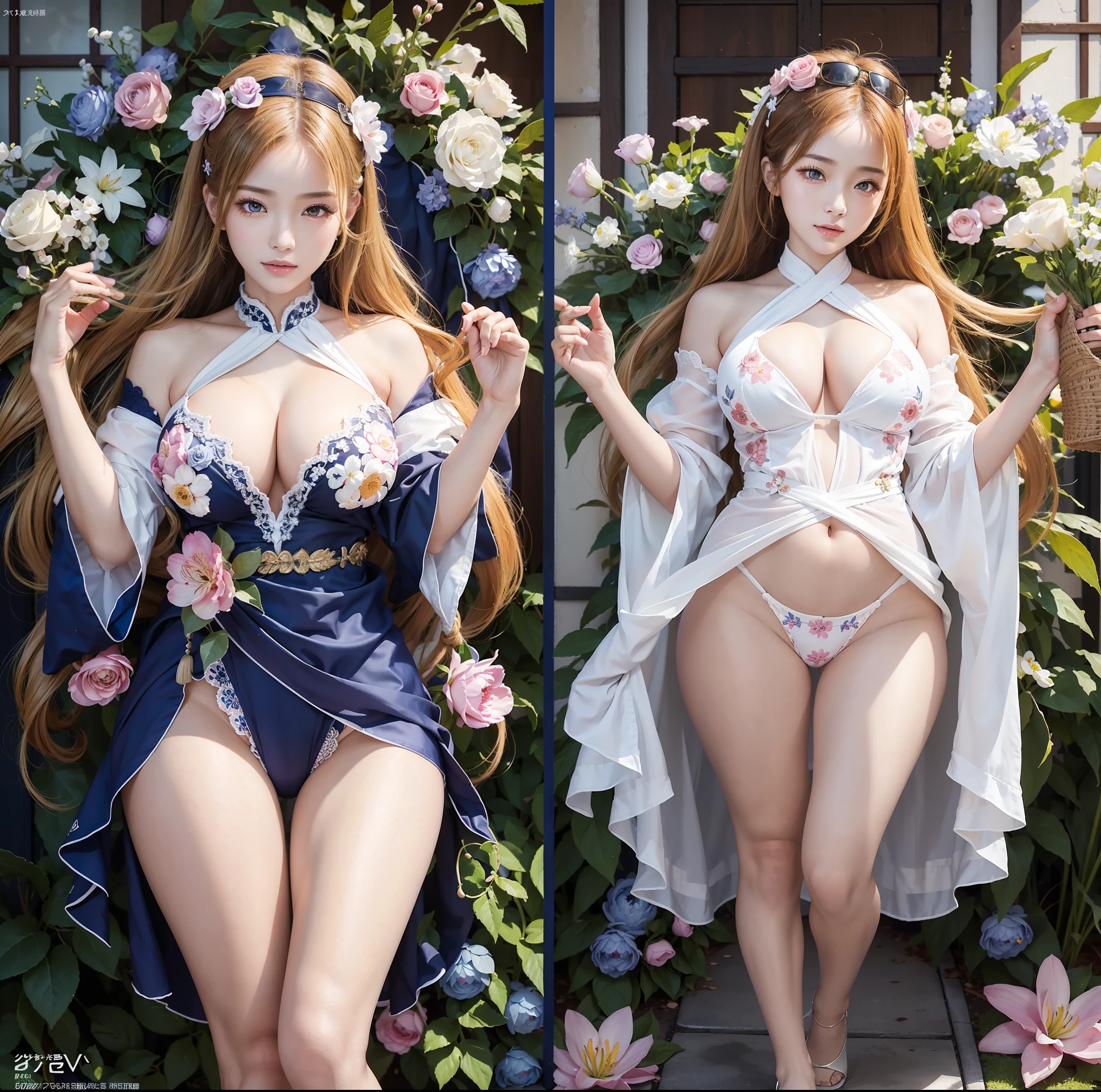 ulzzang-6500-v1.1, (highest quality, masterpiece), (raw photo: 1.2), (photorealistic: 1.4), highest quality, master, illustration, very tasty and beautiful, highly detailed CG, unity, 8k wallpaper, amazing, fine details, master masterpiece, best quality, official art, highly detailed CG unified 8k wallpaper, huge file size, Very detailed, high resolution, 2-4 girls, (snugly next to each other without separation between characters), s to twenties, (representation of the human body based on precise anatomy), intricate details, crimson dress made of silk, see-through, dress that emphasizes the buttocks, girl in Japan uniform, (looks at the person next to you), (gaze is next to you), blonde, (very large breasts)))), (big buttocks), Thin thighs, very beautiful eyes, bright ultramarine eyes, detailed pupils reflecting light, the iris of the eyes is painted with fine patterned details, natural eye shadow, the body has realistic shading that assumes a light source, cute girl and mature beauty, whitening skin, baby face, (various poses before and after standing or squatting or sleeping), poses that emphasize the buttocks, blush, do not want to hide the buttocks, ecstatic look, troubled look, slight smile, many races, showing off plump ass, people who firmly believe that buttocks are important and want to show off their ass, bare buttocks, backward posture, floral ornament on head, hugging and caressing cheeks with adjacent people, holding hands, NSFW, beautiful garden with flowers, clear sunshine,