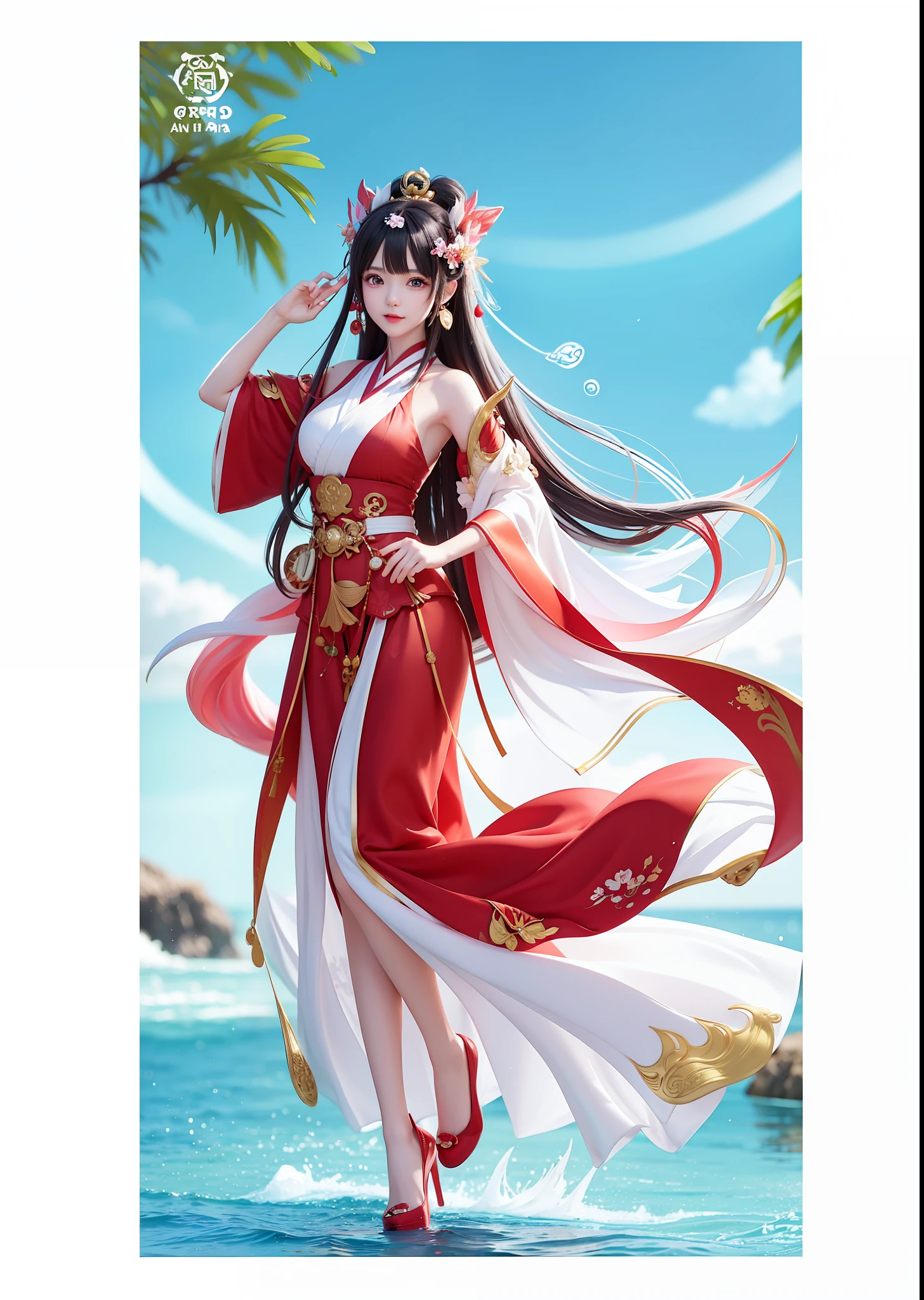 Anime girl with red and white dress, Onmyoji detailed art, Onmyoji, Onmyoji portrait, Asian female water element, sea queen Mu Yanling, full body fairy, anime goddess, Hirase Jinyao, beautiful fantasy queen, Nezha from SMIT, shrine girl, priestess, , angel six wings