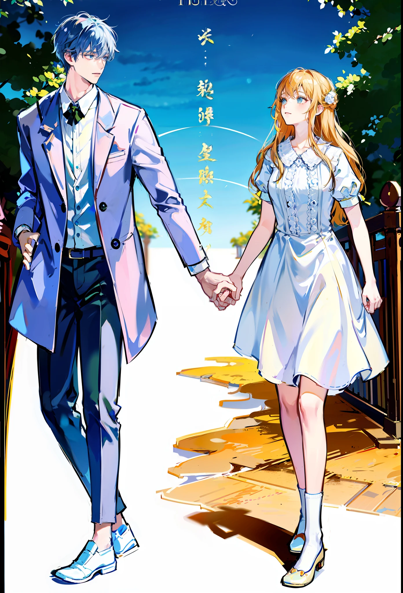 drawing of a couple holding hands and walking, holding hand, holding hands, couple walking hand in hand, both wearing victorian clothes, clean anime outlines, full body drawing, man and woman walking together, boy and girl, sketched, wearing fancy clothes, outline sketch, perfect lineart, elegant drawing, couple, lovely couple, by Naka Bokunen, beautiful drawing style