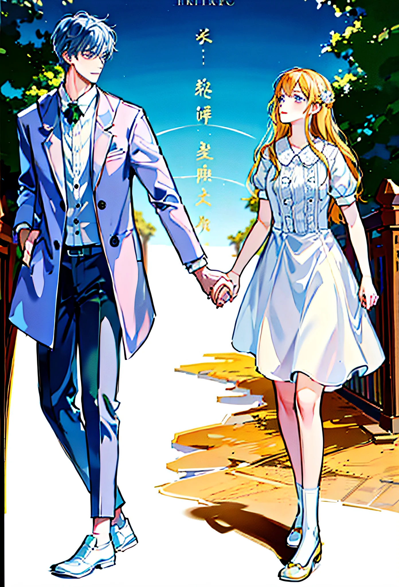 drawing of a couple holding hands and walking, holding hand, holding hands, couple walking hand in hand, both wearing victorian clothes, clean anime outlines, full body drawing, man and woman walking together, boy and girl, sketched, wearing fancy clothes, outline sketch, perfect lineart, elegant drawing, couple, lovely couple, by Naka Bokunen, beautiful drawing style