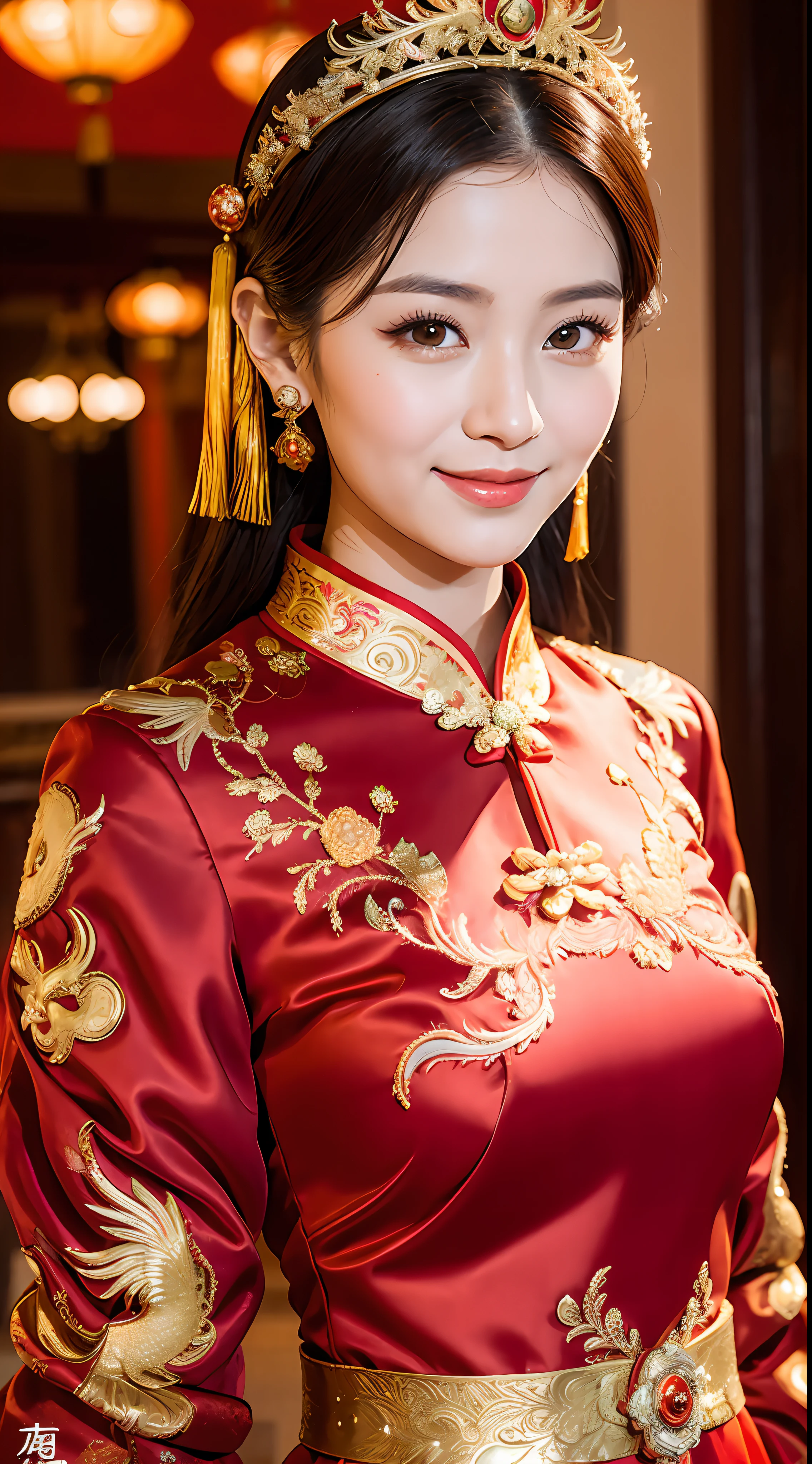 (8k, RAW Photo, Best Quality, Masterpiece: 1.2), (Realistic, Realistic: 1.37), 1 Girl, Woman in Red Dress and Headdress Posing for Photo, Gorgeous Role Play, Beautiful Costume, Chinese Dress, Complex Dress, Complex Costume, Traditional Beauty, Gorgeous Chinese Model, Chinese Costume, Wearing Gorgeous Costume, Wearing Elegant Chinese Xiuhe Dress, Chinese Wedding Dress, Phoenix Crown Xia Hanging, Antique Bride, Xiuhe Costume, Close Up, Wearing Phoenix Crown, Smile, No Watermark, Dragon and phoenix embroidered dress