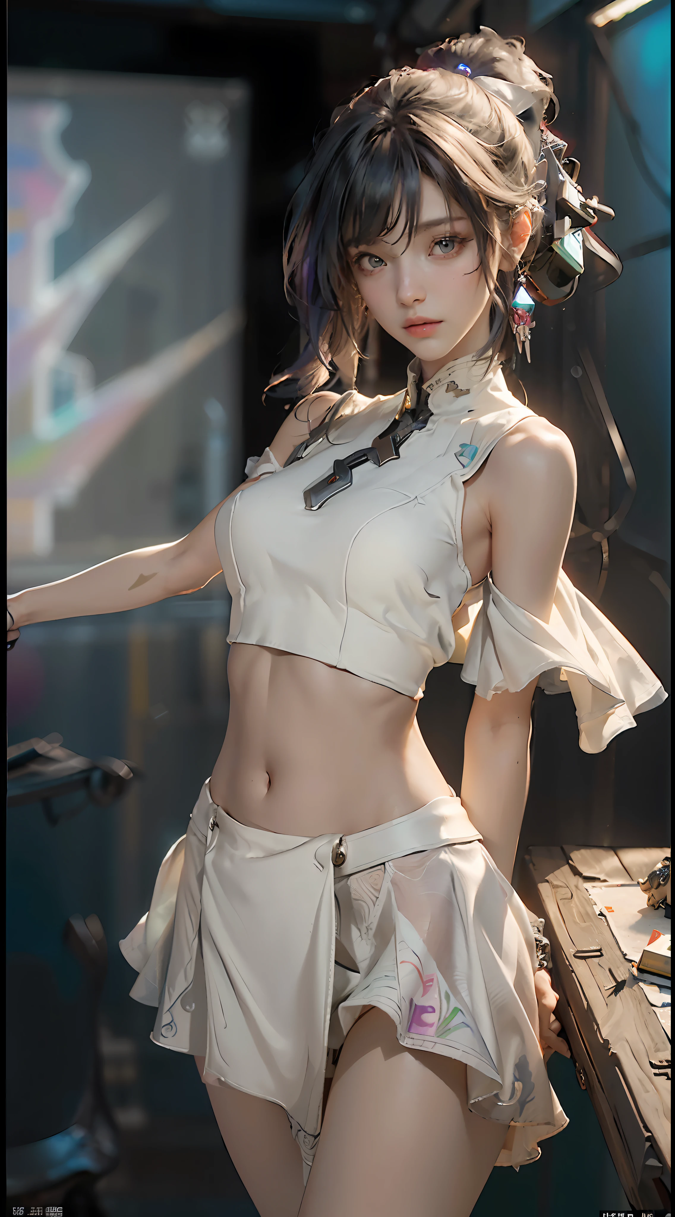 (Best Quality), ((Masterpiece), (Detail: 1.4), 3D, A Beautiful Cyberpunk Woman, HDR (High Dynamic Range), Ray Tracing, NVIDIA RTX, Super-Resolution, Unreal 5, Subsurface Scattering, PBR Textures, Post-Processing, Anisotropic Filtering, Depth of Field, Maximum Sharpness and Clarity, Multi-layer Textures, Albedo and Highlight Maps, Surface Shading, Accurate simulation of light-material interactions, perfect proportions, Octane Render, two-color light, large aperture, low ISO, white balance, rule of thirds, 8K RAW, nudity, off-the-shoulder, camisole vest, miniskirt, transparent attire, open waist, miniskirt //, very short, colorful graffiti on shoulders,