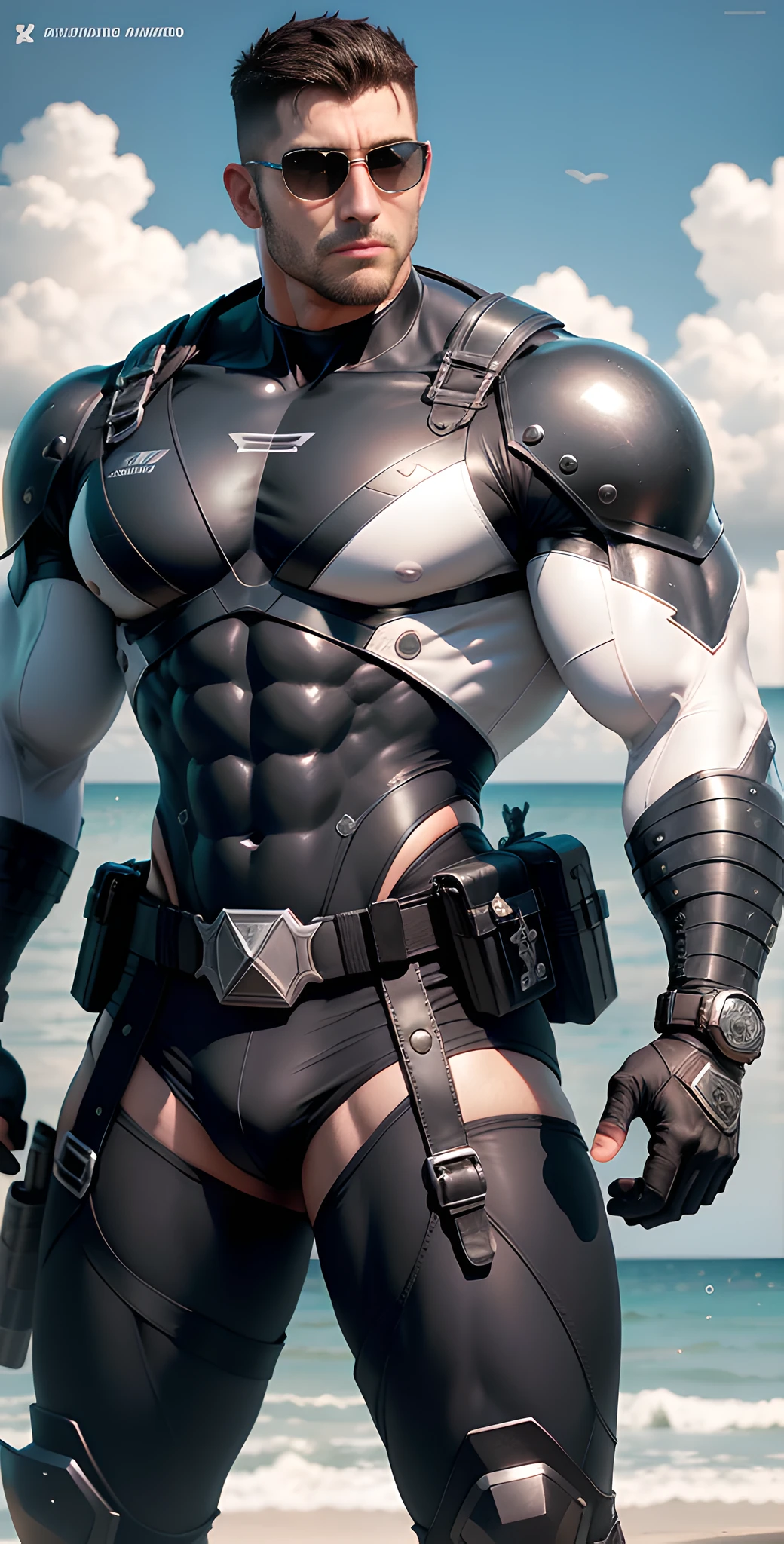 Arad man in white and black clothes standing by the sunny sea, muscular male hero, conceptual art like Ernest Khalimov, heroic male pose, muscular! Wearing black sunglasses, round head Buzz Cut, cyberpunk, stealth suit, super buff and cool, high resolution commission, Chris Redfield, crystal water ring special effects around wrist, Jigachard muscle, Ernest Khalimov body, character design police, black military boots, charismatic strong male with armor
