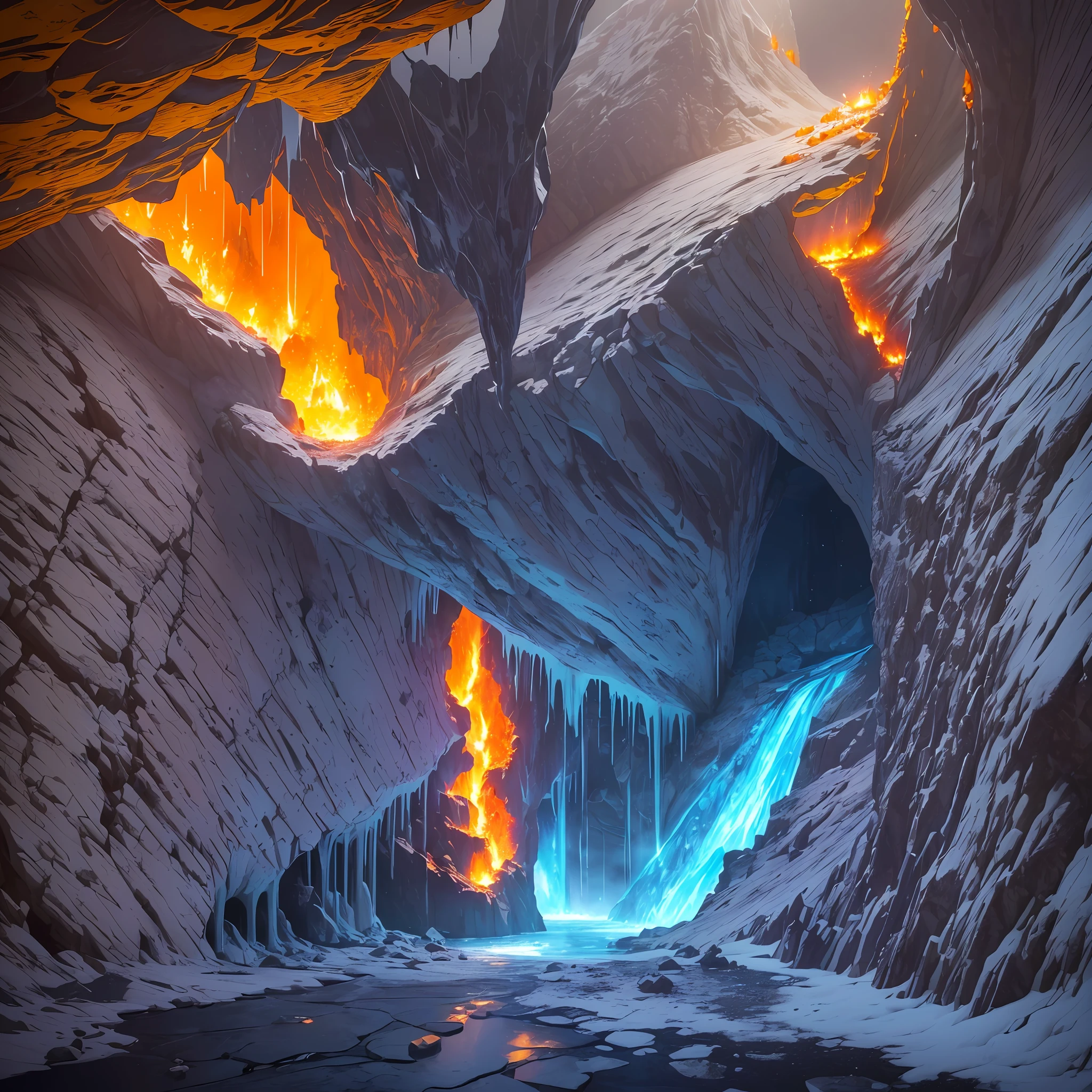 extensive landscape photography (bottom view, which shows the vault of the cave, (detailed description of the cave), stalactites (detailed), stalagmites (detailed), as well as helicates (detailed), lake (detailed), lava, below), one gray-haired guy in a shirt and trousers (1: 3), (ultradetailed description of the exterior (standing on a stone ledge and looking down (lake of fire: 1.2), (falling stones: 0.9), (fire: 1.3), crystals, stones, lava, cave BREAK production art,  (Cold Light Source:1.2), (Firefly:1.2), Fire Particles, Lots of Dark, Red, Yellow and Orange, Complex Details, Volumetric Lighting, BREAK Realism (Masterpiece:1.2), (Best Quality), 4k, Ultra Detailed, (Dynamic Composition: 1.4), High Detailed, Colorful Details, (Gloomy Colors: 1.2), (Luminous Lighting, Atmospheric Lighting), Gloomy, Magical, (Solo: 1.2) --auto --s2