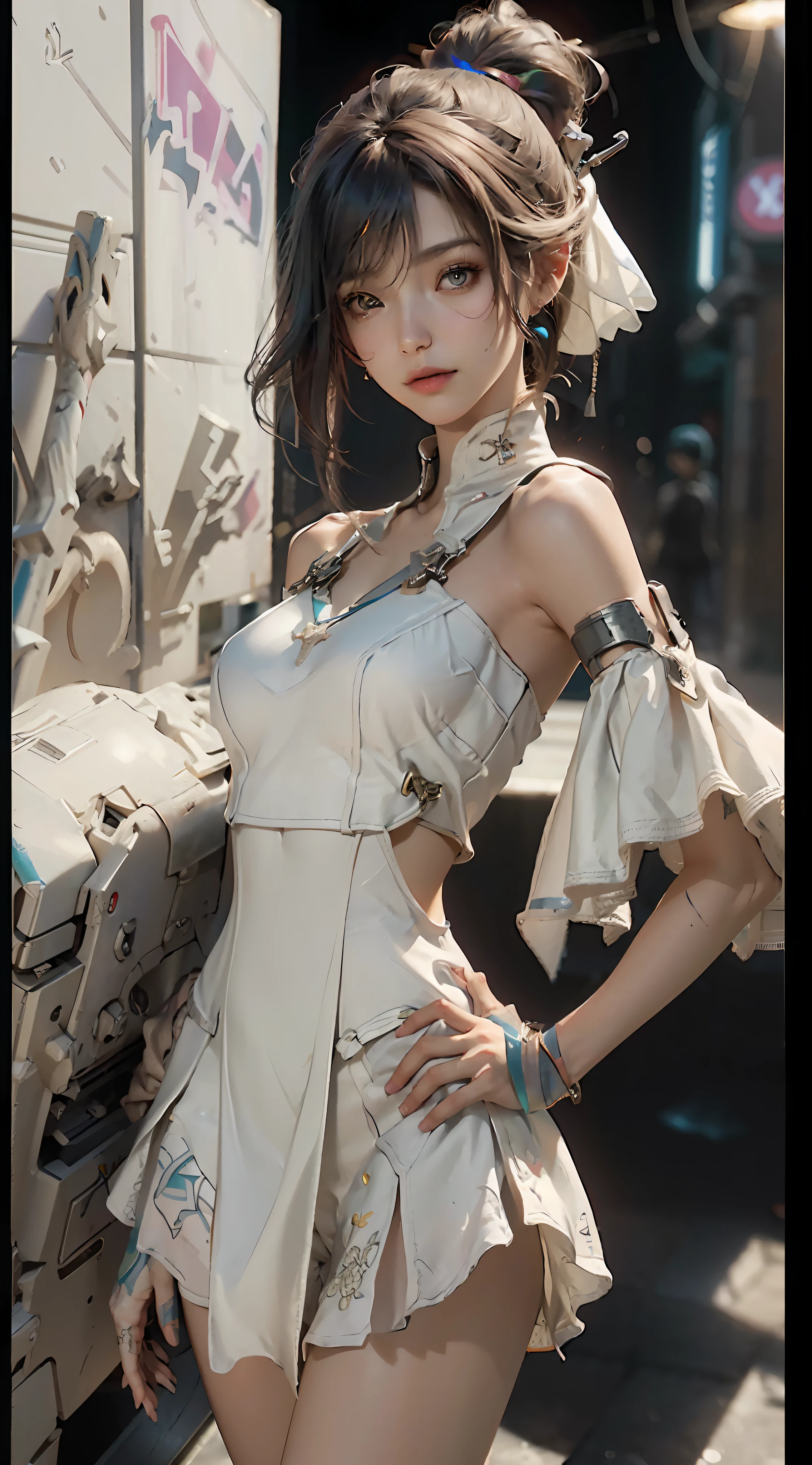 (Best Quality), ((Masterpiece), (Detail: 1.4), 3D, A Beautiful Cyberpunk Woman, HDR (High Dynamic Range), Ray Tracing, NVIDIA RTX, Super-Resolution, Unreal 5, Subsurface Scattering, PBR Textures, Post-Processing, Anisotropic Filtering, Depth of Field, Maximum Sharpness and Clarity, Multi-layer Textures, Albedo and Highlight Maps, Surface Shading, Accurate simulation of light-material interactions, perfect proportions, Octane Render, two-color light, large aperture, low ISO, white balance, rule of thirds, 8K RAW, nudity, off-the-shoulder, camisole vest, miniskirt, transparent attire, open waist, miniskirt //, very short, colorful graffiti on shoulders,