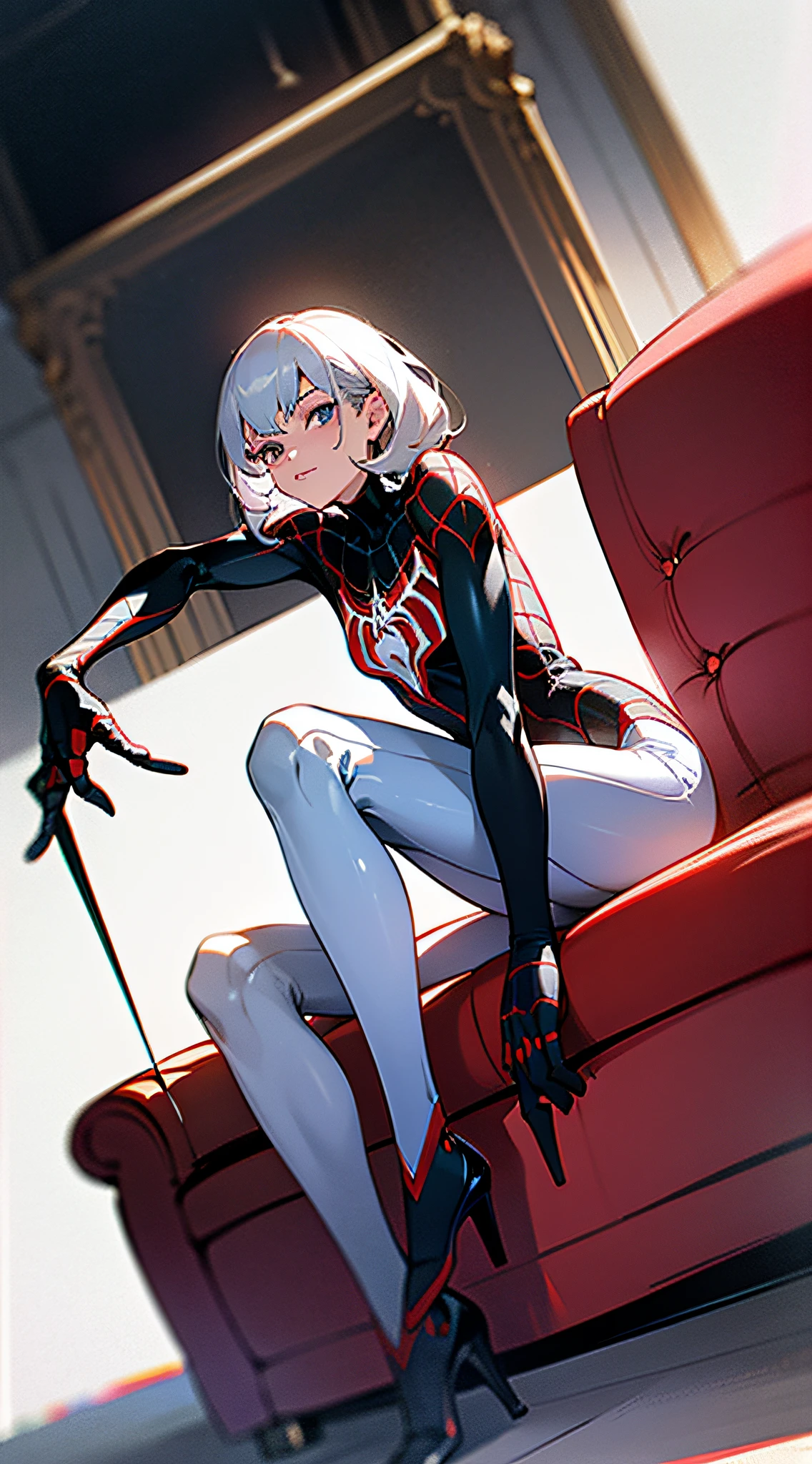 (Extreme Detail CG Unity 8K wallpaper, masterpiece, highest quality), (Exquisite lighting and shadow, highly dramatic picture, Cinematic lens effect), a girl in a white Spider-Man costume, silver gray hair color, from the Spider-Man parallel universe, Wenger, Marvel, Spider-Man, sitting on the couch, dynamic pose), (excellent detail, excellent lighting, wide angle), (excellent rendering, enough to stand out in its class), focus on white Spider-Man costumes, complex spider textures
