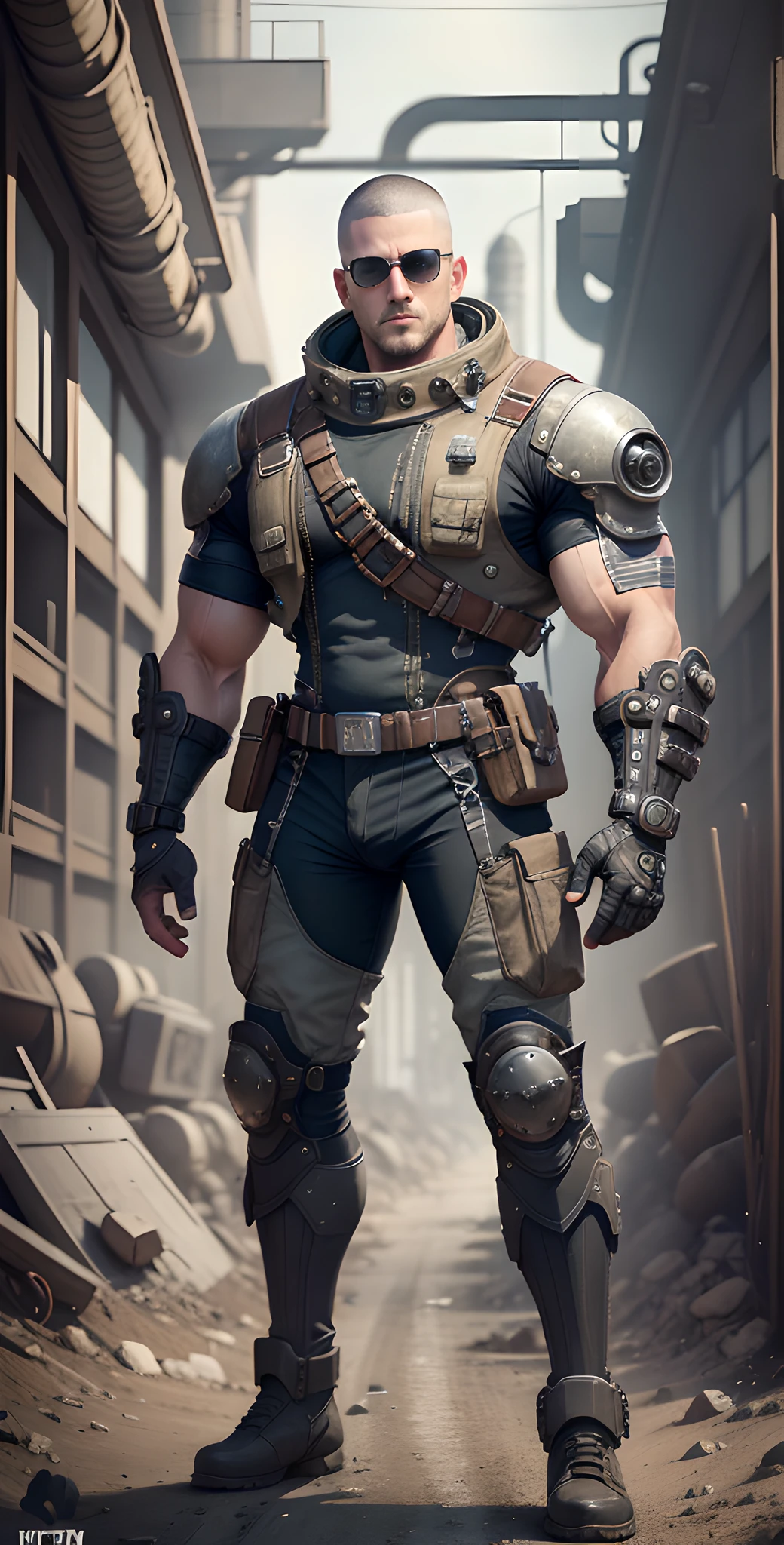 Male on the Wasteland, tall and burly, pure white tights, big muscles, big bumps, Buzz cut, black sunglasses, black military boots, buzz cut, steampunk style, steampunk art, complex mechanical devices such as gears, pipes, valves, (huge industrial building: 1.4), gray theme, retro futurism, crazy details, (Fujiflim XT3), 20 megapixels, detailed, cinematic particles,