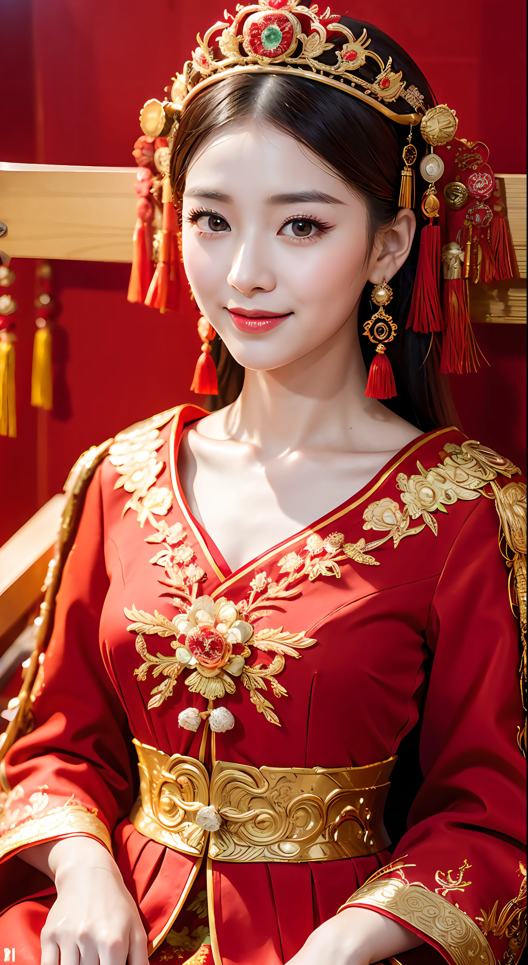(8k, RAW Photo, Best Quality, Masterpiece: 1.2), (Realistic, Realistic: 1.37), 1 Girl, Woman in Red Dress and Headdress Posing for Photo, Gorgeous Role Play, Beautiful Costume, Chinese Dress, Complex Dress, Complex Costume, Traditional Beauty, Gorgeous Chinese Model, Chinese Costume, Wearing Gorgeous Costume, Wearing Elegant Chinese Xiuhe Dress, Chinese Wedding Dress, Phoenix Crown Xia Hanging, Antique Bride, Xiuhe Costume, Close Up, Wearing Phoenix Crown, Smile, No Watermark, Dragon and phoenix embroidered dress, sitting in a palanquin, (((Chinese palanquin: 1.5)))