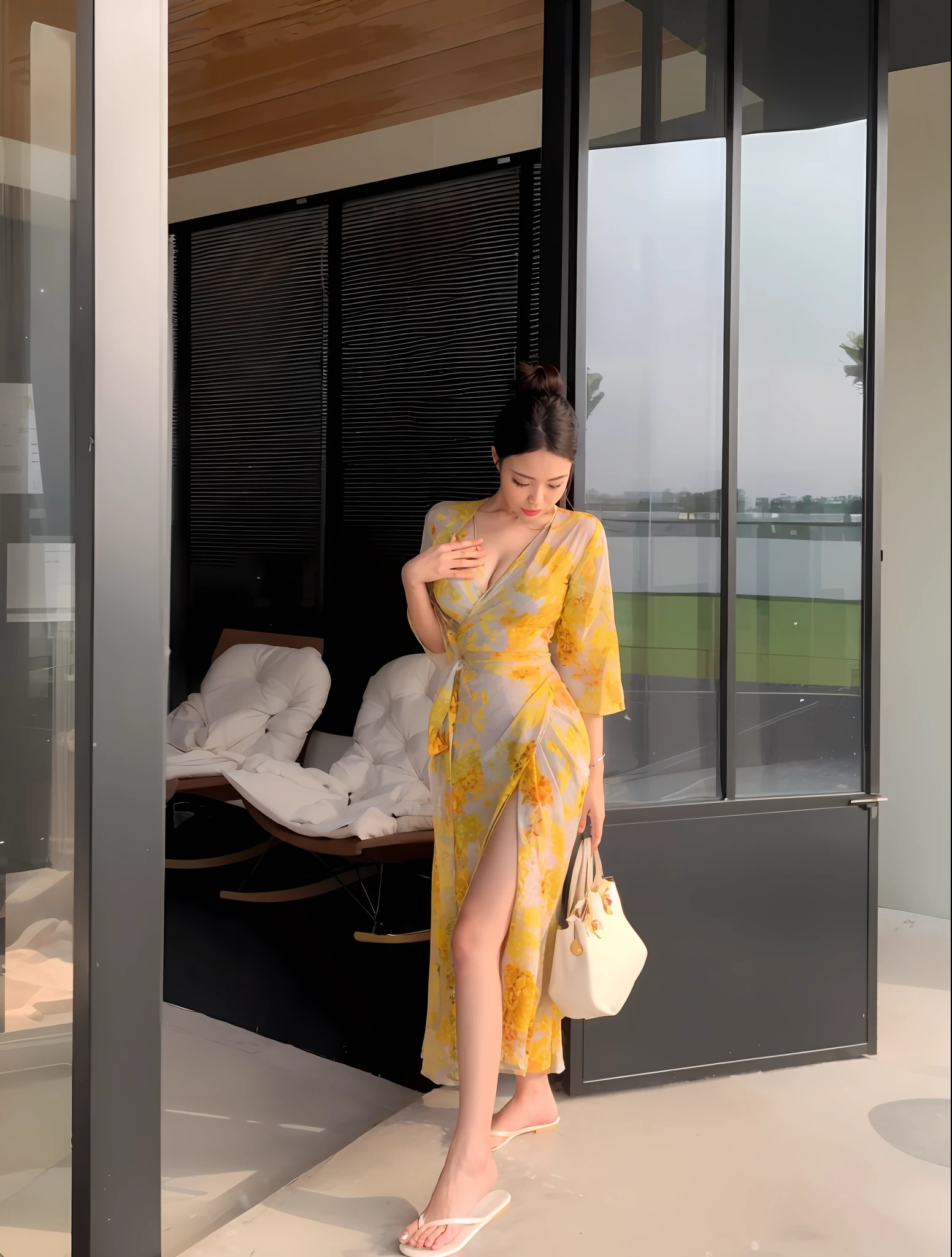 woman in yellow dress standing outside of a glass building, lady using yellow dress, light half opened dress, wearing wheat yellow gauze, yellow ornate dress, with yellow cloths, gorgeous lady, soft silk dress, 2 0 2 0 fashion, kimono, 🤬 🤮 💕 🎀, wearing a long dress, long dress, wearing a long flowery dress