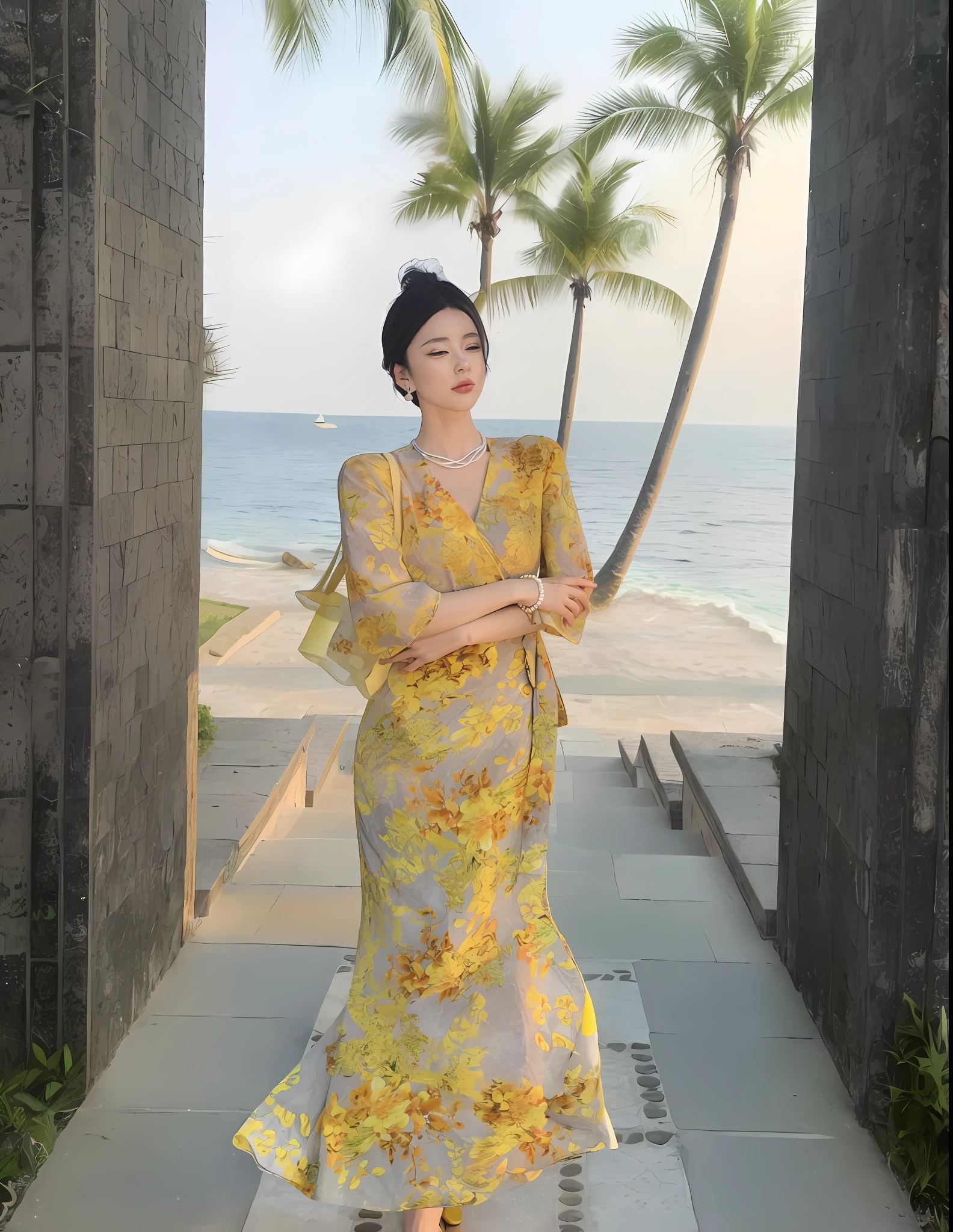 araffe woman in a yellow dress standing on a walkway by the ocean, cheongsam, fan bingbing, jia, yellow ornate dress, with acient chinese clothes, chinese dress, with yellow cloths, wearing a long flowery dress, dilraba dilmurat, long dress female, sha xi, inspired by Tang Di, gorgeous lady