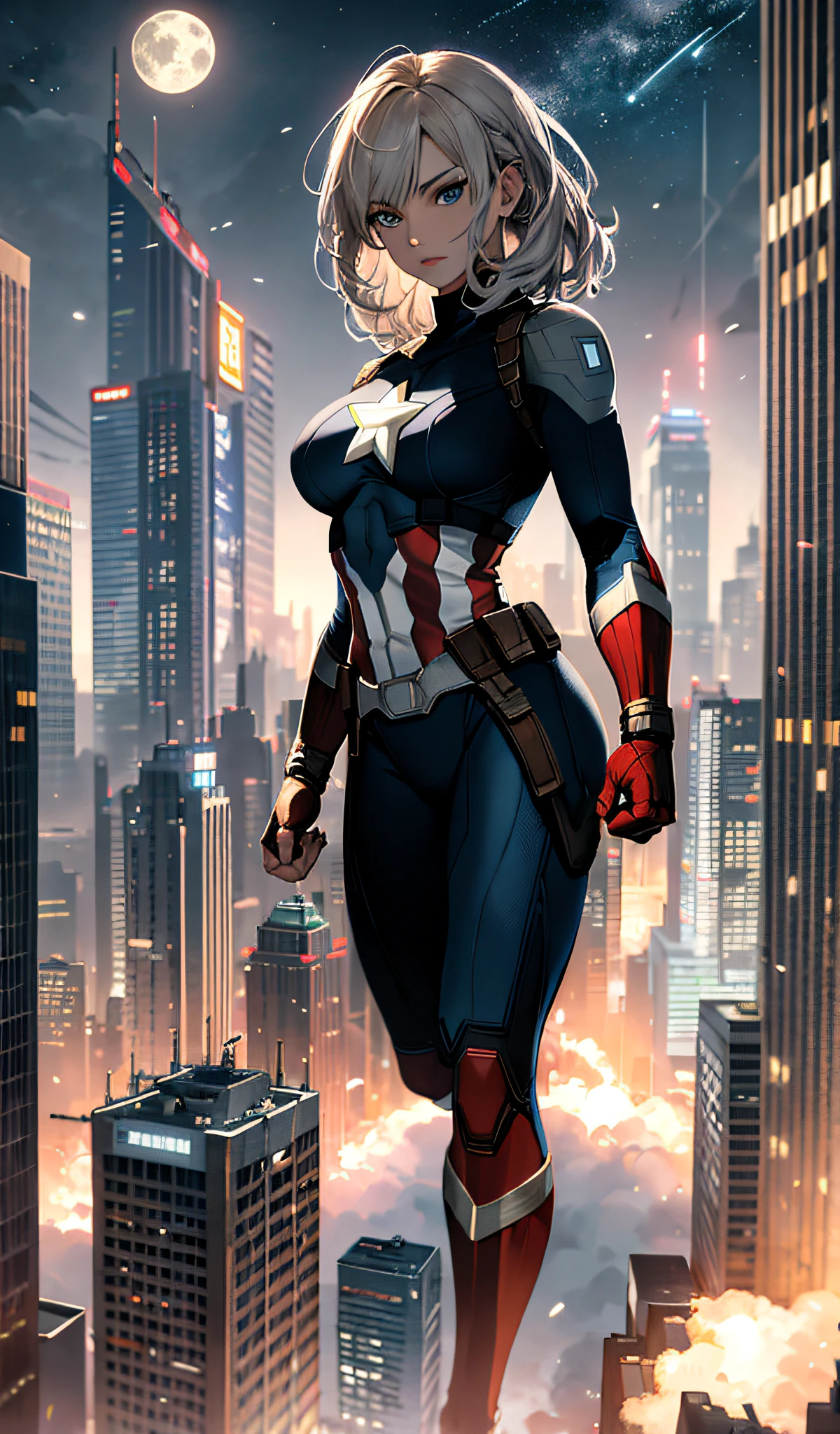 (masterpiece, 4k resolution, ultra-realistic, very detailed), (white superhero theme, charisma, there is a girl in a Captain America costume over town, she is a superhero), [((25 years old), (long gray hair: 1.2), full body, (blue eyes: 1.2), (Captain America pose), strength show, jumping from one building to another), ( Sandy urban environment): 0.8) | (cityscape, night, dynamic lights), (full moon)] #説明: Prompt mainly describes ultra-high definition, very realistic, highly detailed 4K painting. A superheroine in the costume of Captain America is depicted at the top of the city. The theme of the painting is that of a white superhero, the female protagonist has long white hair, is 25 years old, and her whole body is shown in the painting. In terms of depicting the actions of superheroines, the Stars and Stripes are adopted