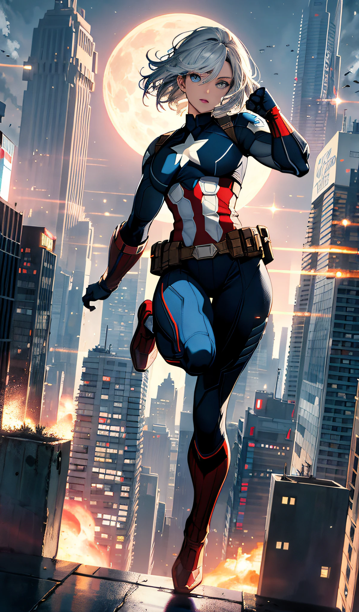 (masterpiece, 4k resolution, ultra-realistic, very detailed), (white superhero theme, charisma, there is a girl in a Captain America costume over town, she is a superhero), [((25 years old), (long gray hair: 1.2), full body, (blue eyes: 1.2), (Captain America pose), strength show, jumping from one building to another), ( Sandy urban environment): 0.8) | (cityscape, night, dynamic lights), (full moon)] #説明: Prompt mainly describes ultra-high definition, very realistic, highly detailed 4K painting. A superheroine in the costume of Captain America is depicted at the top of the city. The theme of the painting is that of a white superhero, the female protagonist has long white hair, is 25 years old, and her whole body is shown in the painting. In terms of depicting the actions of superheroines, the Stars and Stripes are adopted