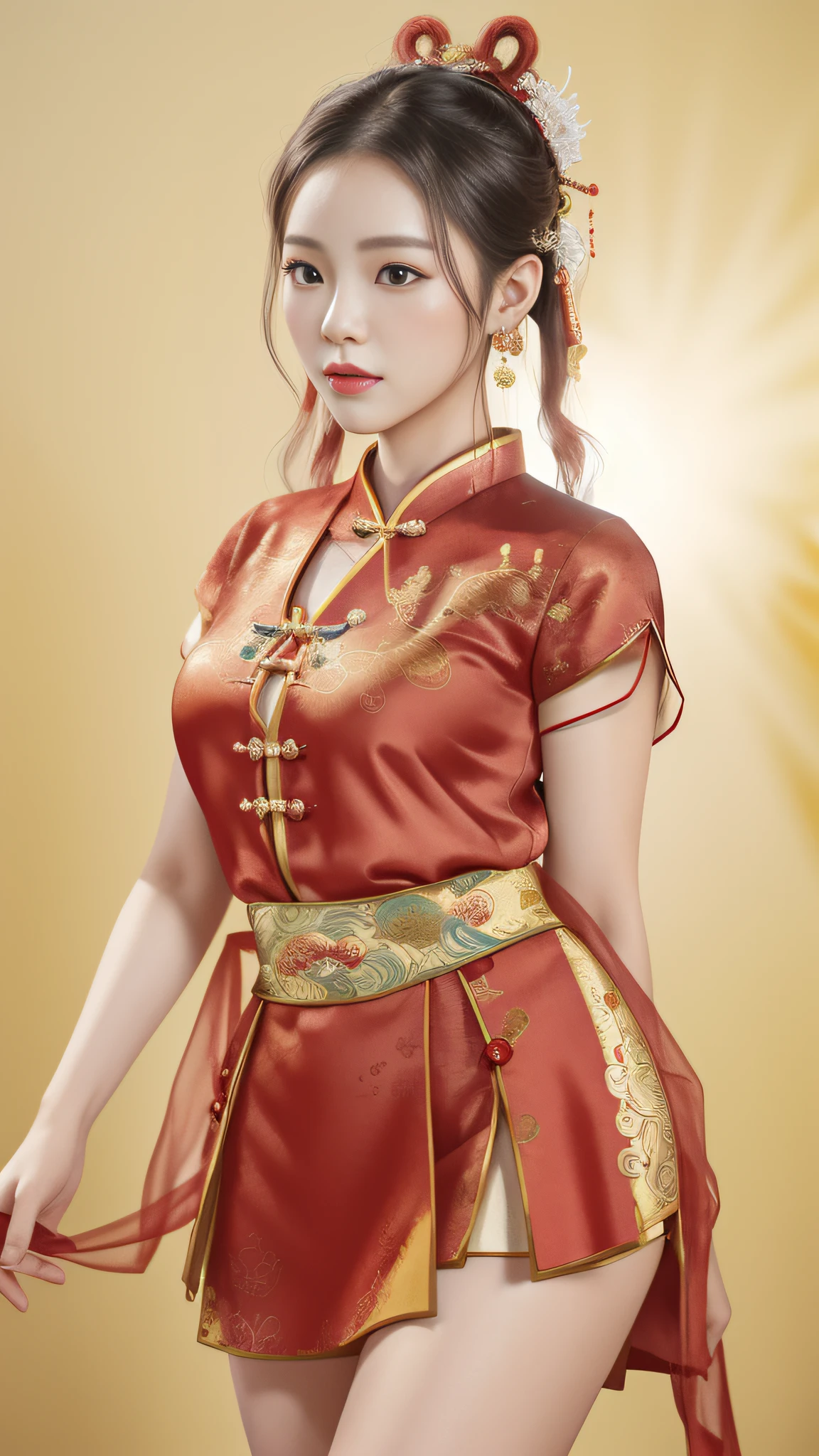 there is a woman in a red and gold outfit posing for a picture, with acient chinese clothes, chinese dress, chinese costume, wearing a red cheongsam, sakimichan hdri, 3 d render character art 8 k, cheongsam, photorealistic anime girl render, inspired by Ju Lian, chinese girl, full body xianxia