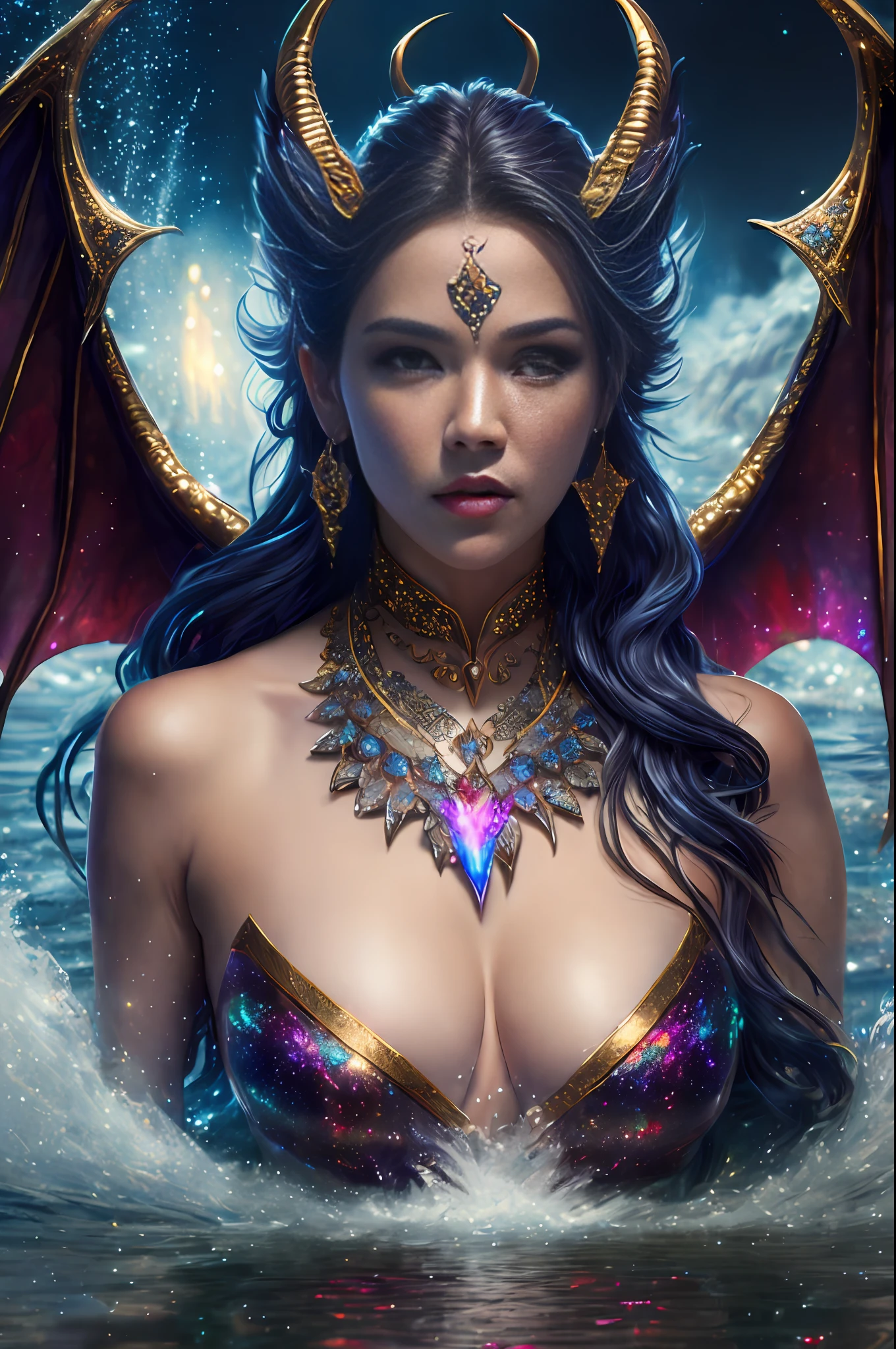 the beautiful demon dragon woman, big chest,jewel,surrounded by water flows, backgroundISflowing water flows,illustration CG, laser,hologram,bokeh chiaroscuro,softfocus, impasto acrylic illustration, CG,laser,hologram, soft focus, sacred film edge, chiaroscuro