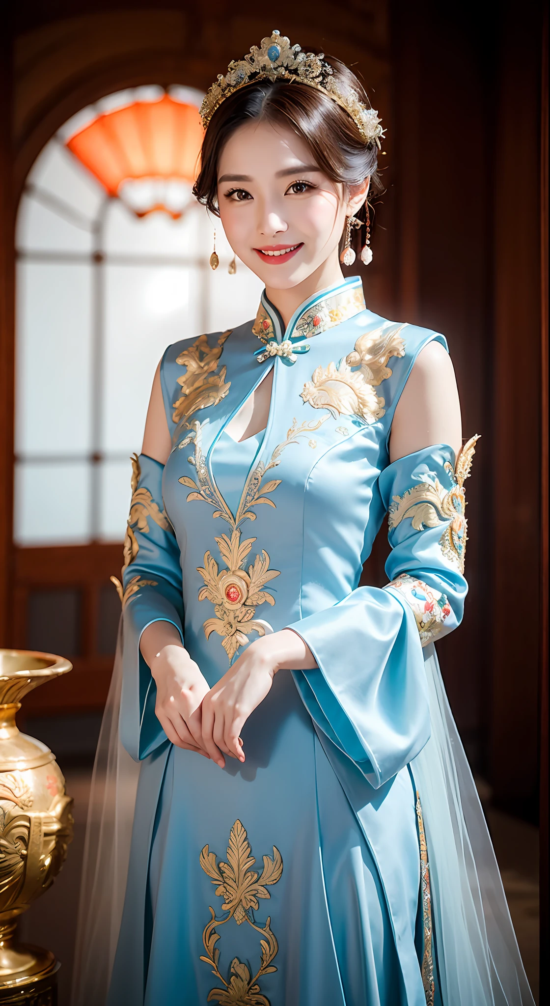 (8k, RAW Photo, Best Quality, Masterpiece: 1.2), (Realistic, Realistic: 1.37), 1 Girl, Woman in Gray-Blue Dress and Headdress Posing for Photo, Gorgeous Role Play, Beautiful Costume, Chinese Dress, Complex Dress, Complex Costume, Traditional Beauty, Gorgeous Chinese Model, Chinese Costume, Wearing Gorgeous Costume, Wearing Elegant Chinese Xiuhe Dress, Chinese Wedding Dress, Phoenix Crown Xia Hanging, Antique Bride, Xiuhe Dress, Close Up, Close-up, Phoenix Crown, Smiling, Dragon and phoenix embroidered dress