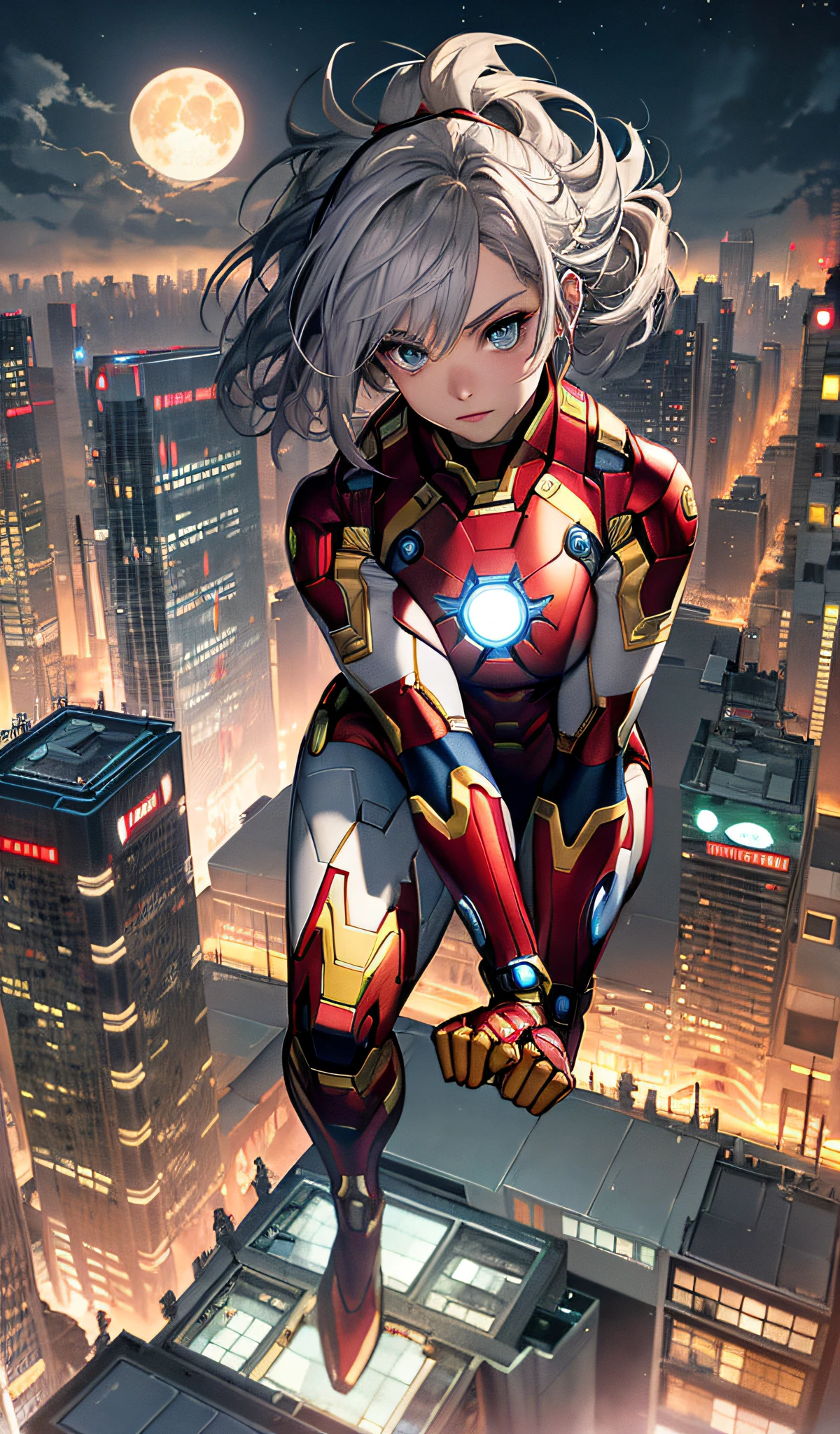 (masterpiece, 4k resolution, ultra-realistic, very detailed), (white superhero theme, charisma, there is a girl in an Iron Man costume over town, she is a superhero), [((25 years old), (long gray hair: 1.2), full body, (blue eyes: 1.2), (Iron Man pose), strength show, jump from one building to another), (((sandy urban environment ):0.8)| (cityscape, night, dynamic lights), (full moon)] #説明: Prompt mainly describes ultra-high definition, very realistic, highly detailed 4K painting. A superheroine in an Iron Man costume is depicted at the top of the city. The theme of the painting is that of a white superhero, the female protagonist has long white hair, is 25 years old, and her whole body is shown in the painting. In terms of portraying the actions of superheroines, Iron Man is employed