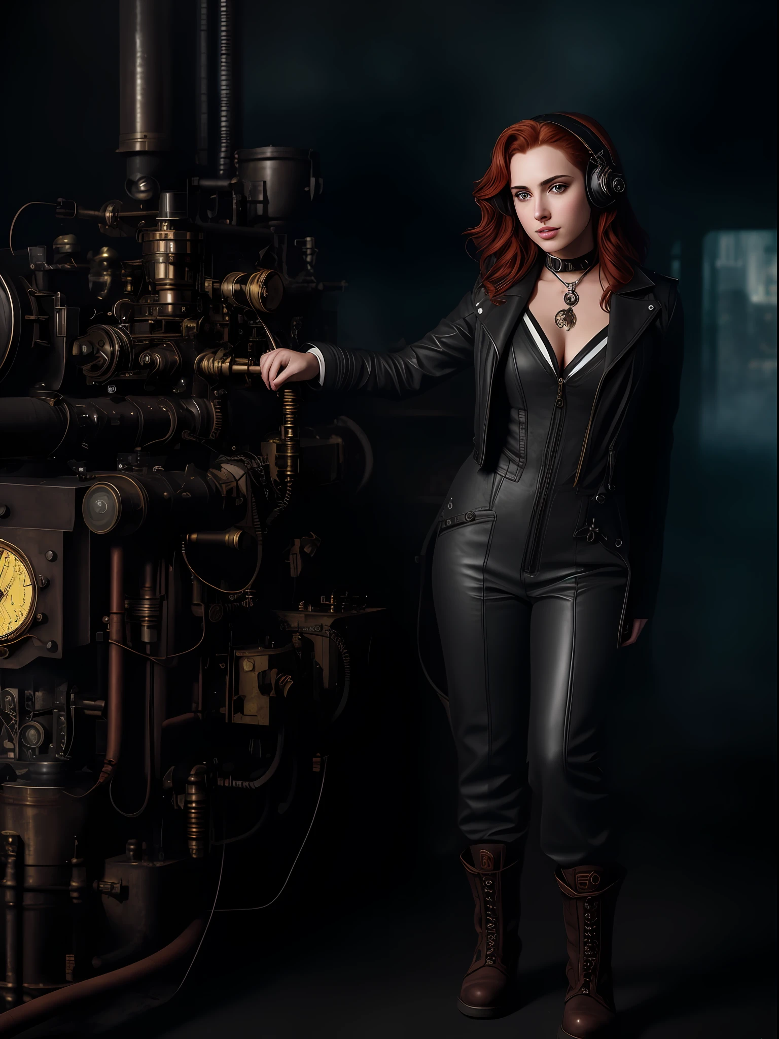 (a 19 yo girl, (Ana de Armas:0.65), (redhead:1.1)), cute smile, (perfect eyes:1.1), looking at me, wavy hair, steampunk jumpsuit, intercom headset, steampunk choker, long leather boots, working in the steampunk garage fixing a steam engine, onvex lenses, intricate, hdr, intricate details, detailed, cinematic, cogs and gears, steamy background with lots of steam pipes and steam valves and pressure gauges and gears, realistic, stunning realistic photograph, 3d render, octane render, cinematic, Isometric, Centered, hyperealistic cover photo, awesome full color, 12k, high definition, portrait featured on unsplash, smooth, ultra high definition, 8k, ultra sharp focus, intricate artwork, masterpiece, ominous, epic, highly detailed, warm cinematic