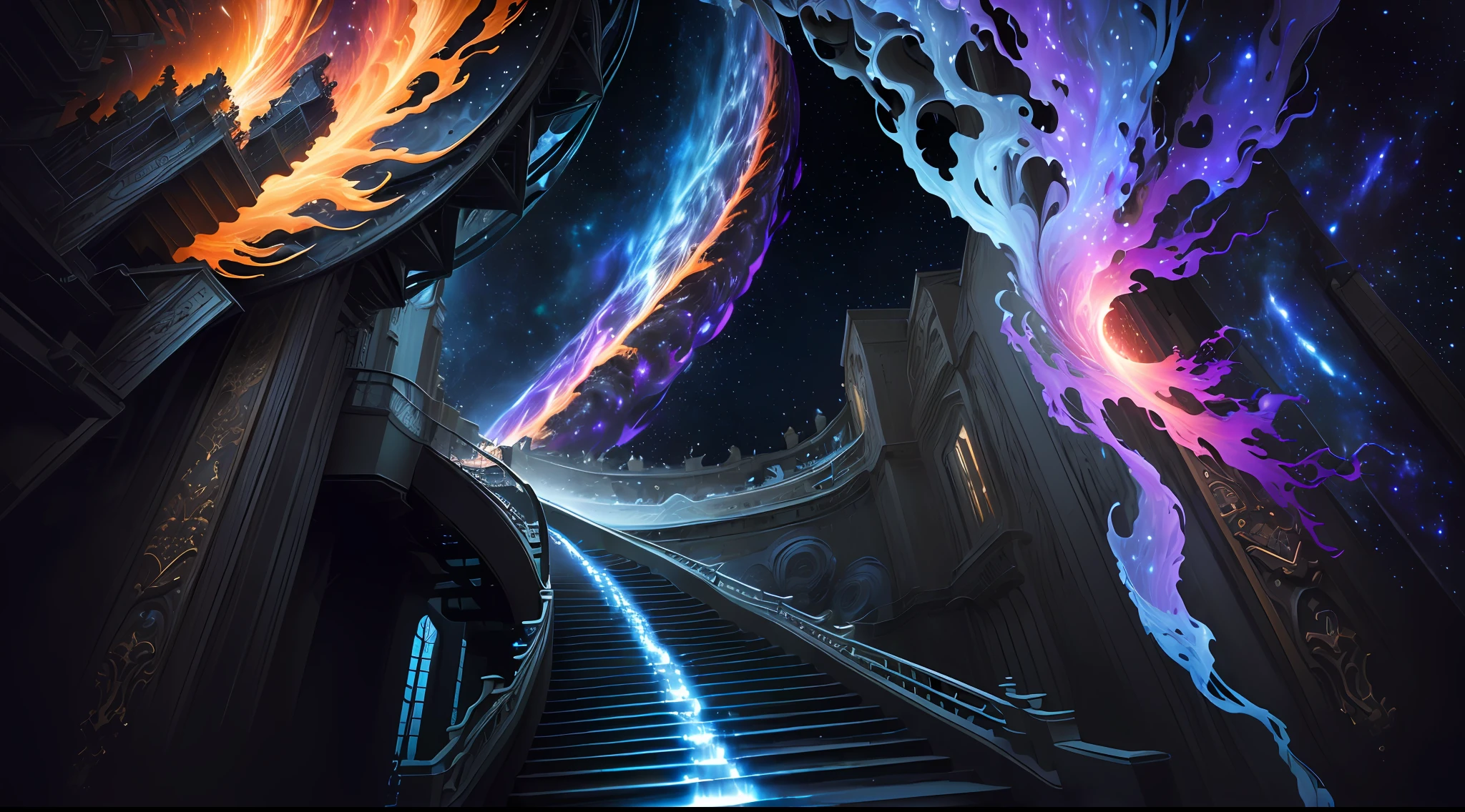 ((best quality)), ((masterpiece)), (high detail), (highres), 8k, staring up into the infinite length of the universe, endless galaxies, , dangerous black holes, exploding super novas, floating stars, endless staircases, star nebulas, cinematic atmosphere, negative dark mode, mc escher, art by senseijaye, matrix atmosphere, digital code swirling, matte painting