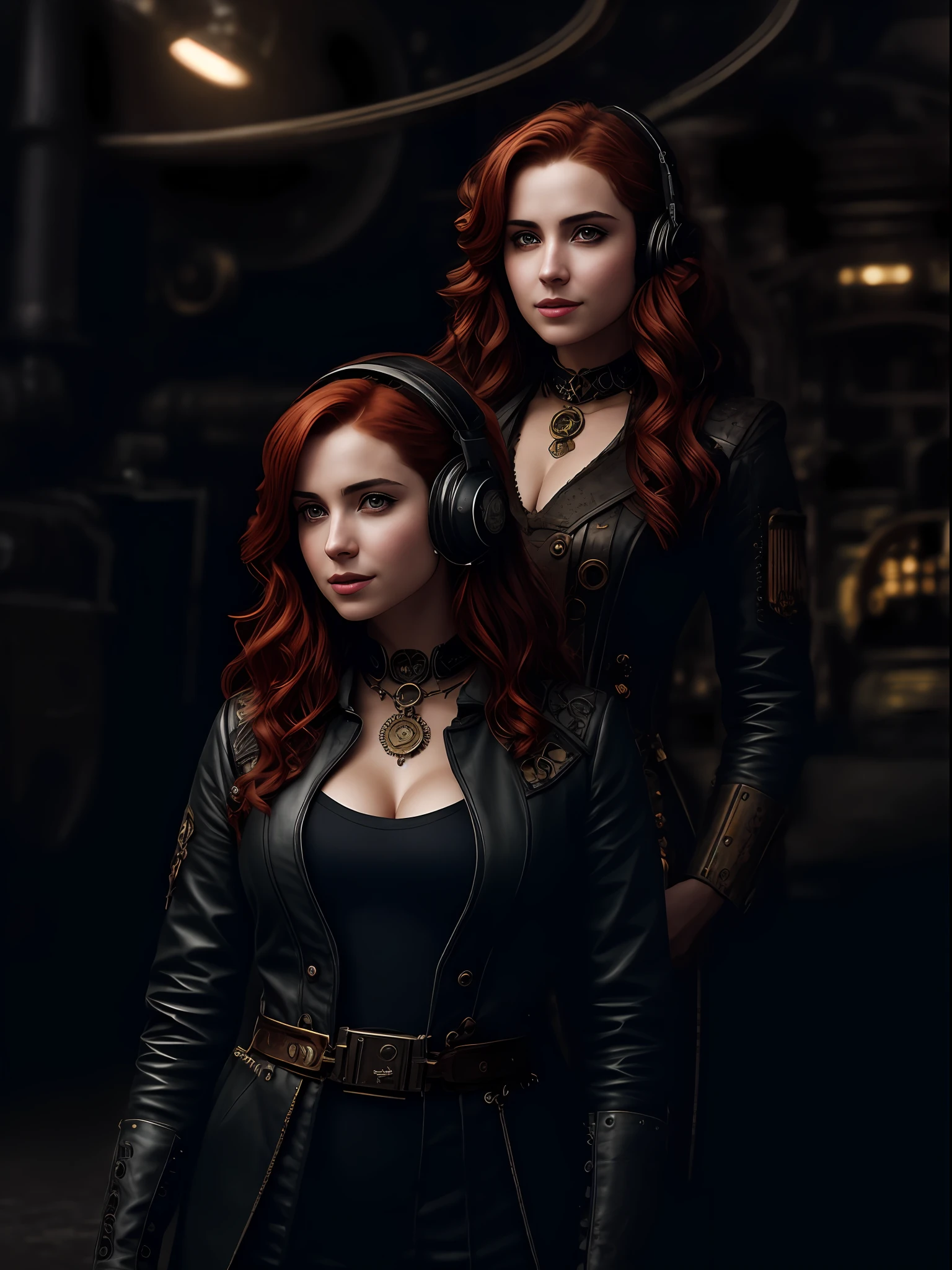 (a 19 yo girl, (Ana de Armas:0.65), (redhead:1.1)), cute smile, (perfect eyes:1.1), looking at me, wavy hair, steampunk jumpsuit, intercom headset, steampunk choker, long leather boots, working in the steampunk garage fixing a steam engine, onvex lenses, intricate, hdr, intricate details, detailed, cinematic, cogs and gears, steamy background with lots of steam pipes and steam valves and pressure gauges and gears, realistic, stunning realistic photograph, 3d render, octane render, cinematic, Isometric, Centered, hyperealistic cover photo, awesome full color, 12k, high definition, portrait featured on unsplash, smooth, ultra high definition, 8k, ultra sharp focus, intricate artwork, masterpiece, ominous, epic, highly detailed, warm cinematic