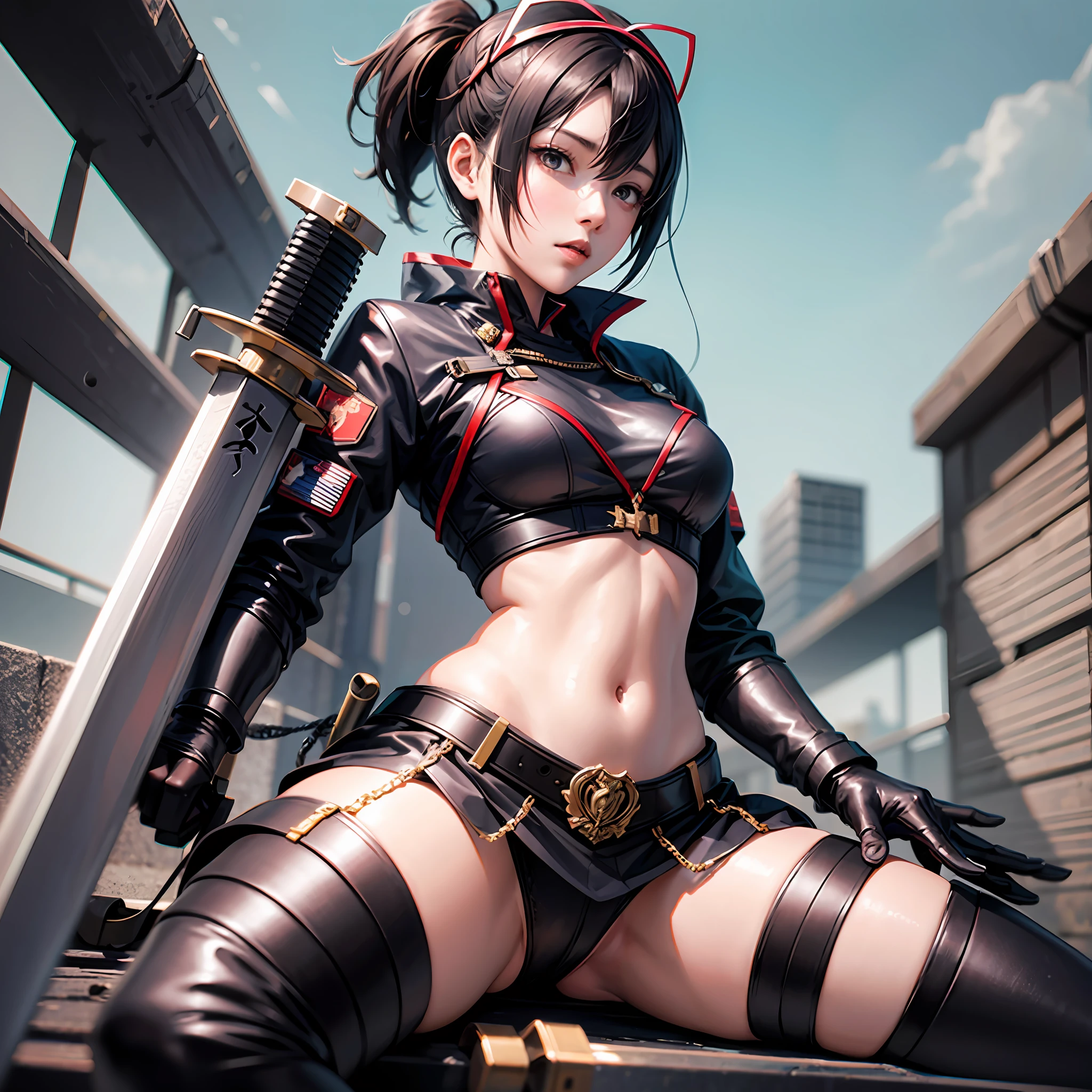 Japanese anime style. woman. she is an army soldier. mini skirt. sword. Whole body. Stand and spread your legs. from below. --auto --s2
