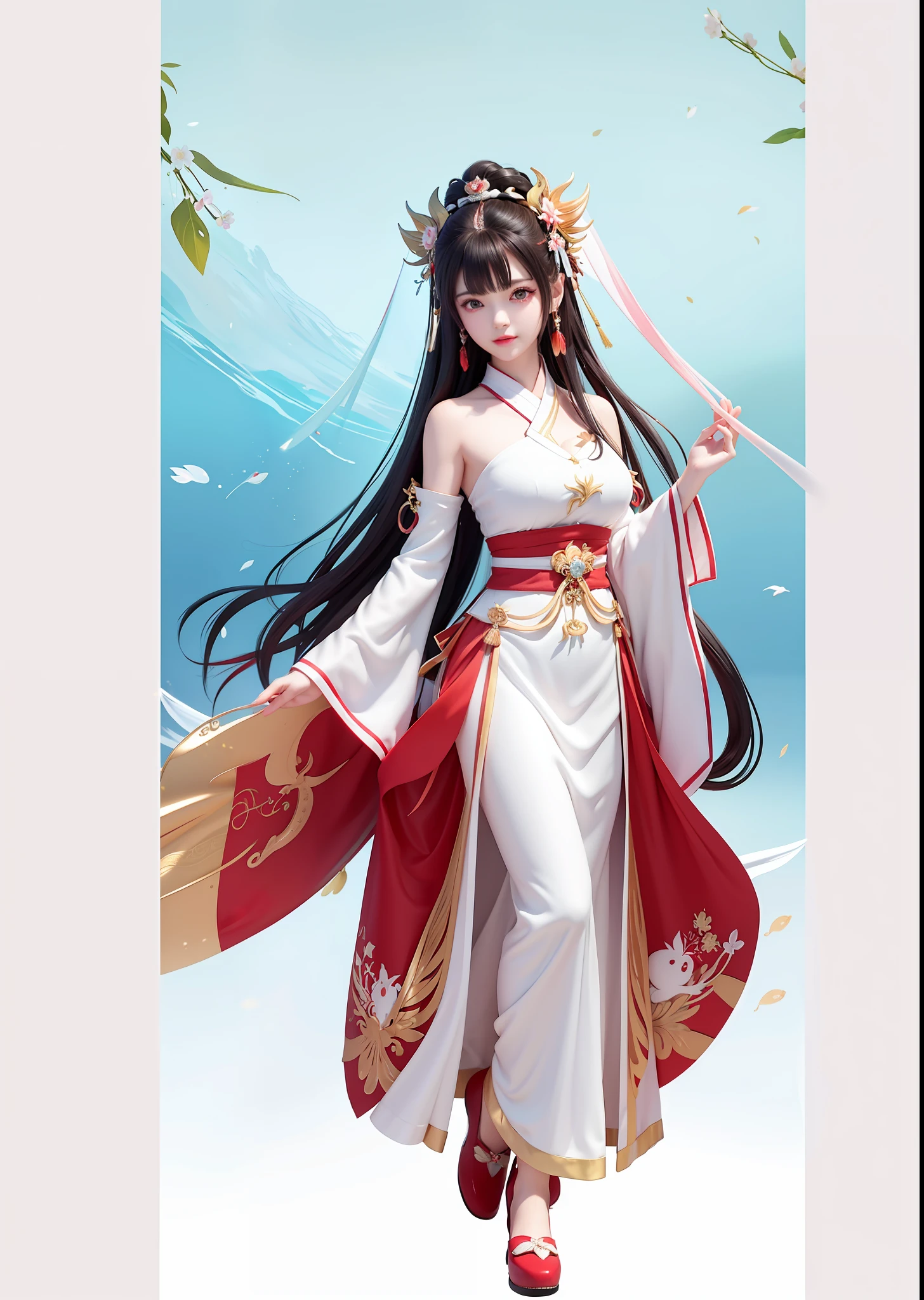Anime girl with red and white dress, Onmyoji detailed art, Onmyoji, Onmyoji portrait, Asian female water element, sea queen Mu Yanling, full body fairy, anime goddess, Hirase Jinyao, beautiful fantasy queen, Nezha from SMIT, shrine girl, priestess, big breasts, angel six wings