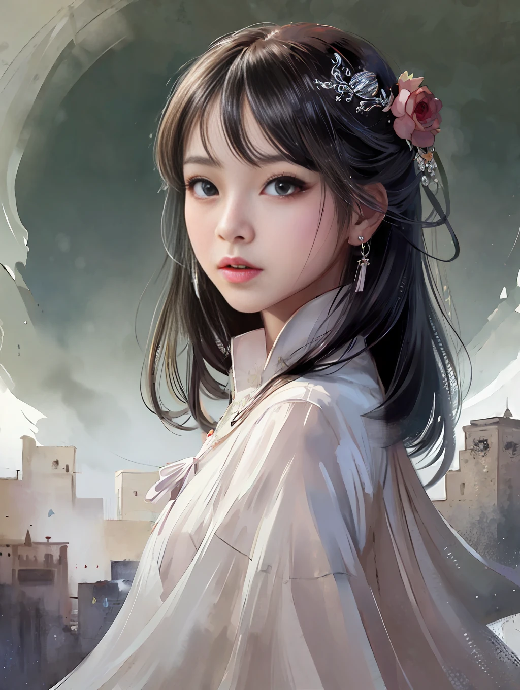 stechu,(white background:1.4), ((tachi-e)), original,(illustration:1.1),(best quality),(masterpiece:1.1),(extremely detailed CG unity 8k wallpaper:1.1), (colorful:0.9),(panorama shot:1.4),(solo:1.2), (ink splashing),(color splashing),((watercolor)), clear sharp focus,{ 1girl standing },((korean style )),flower background,outdoors,rocks, looking at viewer, make happy expressions,soft smile,pure,beautyfull detailed face and eyes,beautyfull intricacy clothing decorative pattern details, black hair,black eyes,colorwater
