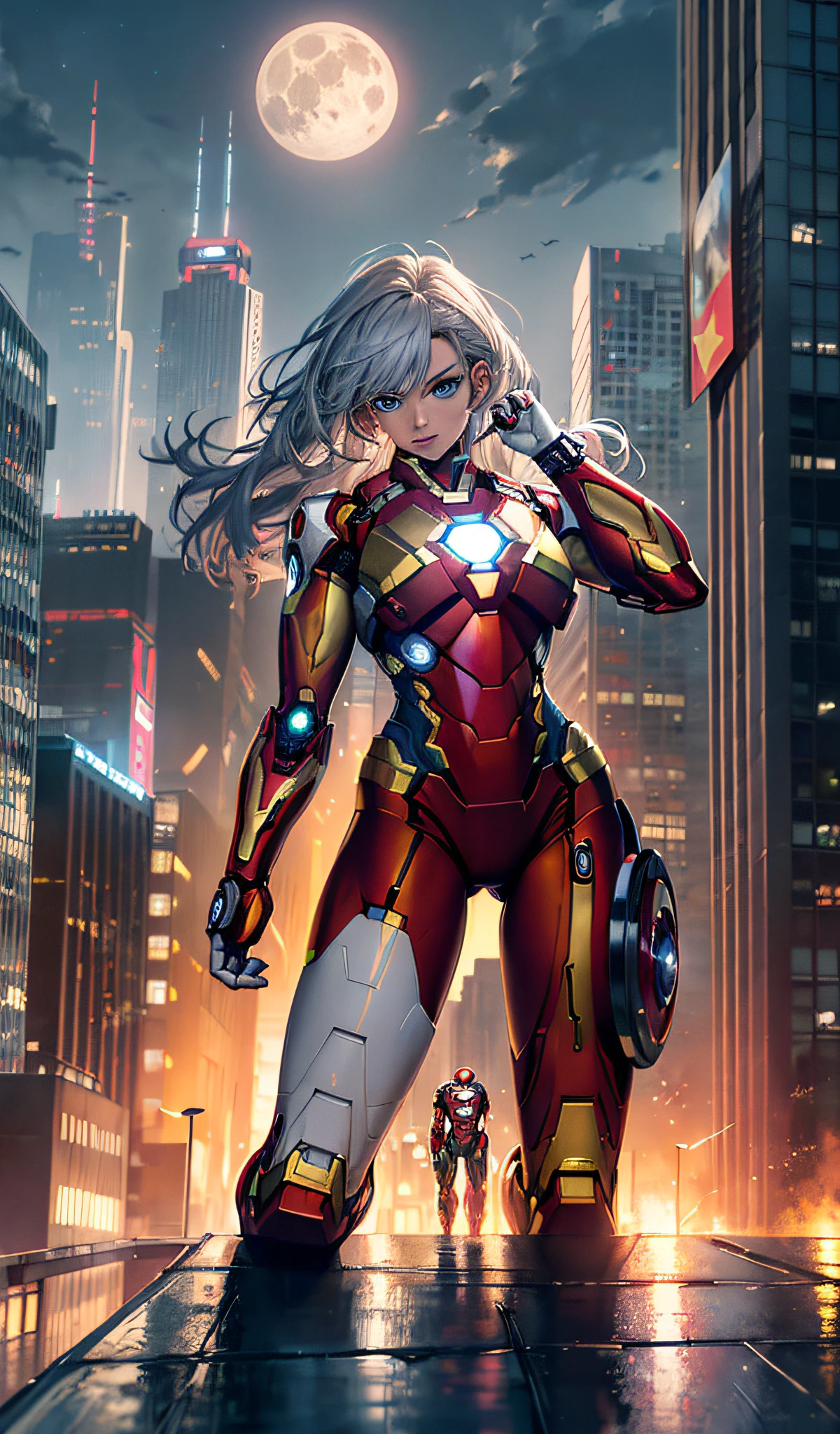 (masterpiece, 4k resolution, ultra-realistic, very detailed), (white superhero theme, charisma, there is a girl in an Iron Man costume over town, she is a superhero), [((25 years old), (long gray hair: 1.2), full body, (blue eyes: 1.2), (Iron Man pose), strength show, jump from one building to another), (((sandy urban environment ):0.8)| (cityscape, night, dynamic lights), (full moon)] #説明: Prompt mainly describes ultra-high definition, very realistic, highly detailed 4K painting. A superheroine in an Iron Man costume is depicted at the top of the city. The theme of the painting is that of a white superhero, the female protagonist has long white hair, is 25 years old, and her whole body is shown in the painting. In terms of portraying the actions of superheroines, Iron Man is employed