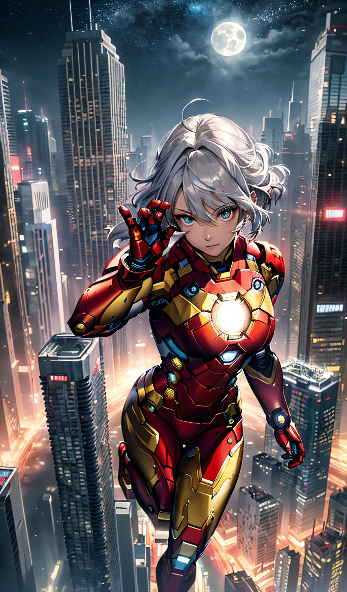 (masterpiece, 4k resolution, ultra-realistic, very detailed), (white superhero theme, charisma, there is a girl in an Iron Man costume over town, she is a superhero), [((25 years old), (long gray hair: 1.2), full body, (blue eyes: 1.2), (Iron Man pose), strength show, jump from one building to another), (((sandy urban environment ):0.8)| (cityscape, night, dynamic lights), (full moon)] #説明: Prompt mainly describes ultra-high definition, very realistic, highly detailed 4K painting. A superheroine in an Iron Man costume is depicted at the top of the city. The theme of the painting is that of a white superhero, the female protagonist has long white hair, is 25 years old, and her whole body is shown in the painting. In terms of portraying the actions of superheroines, Iron Man is employed