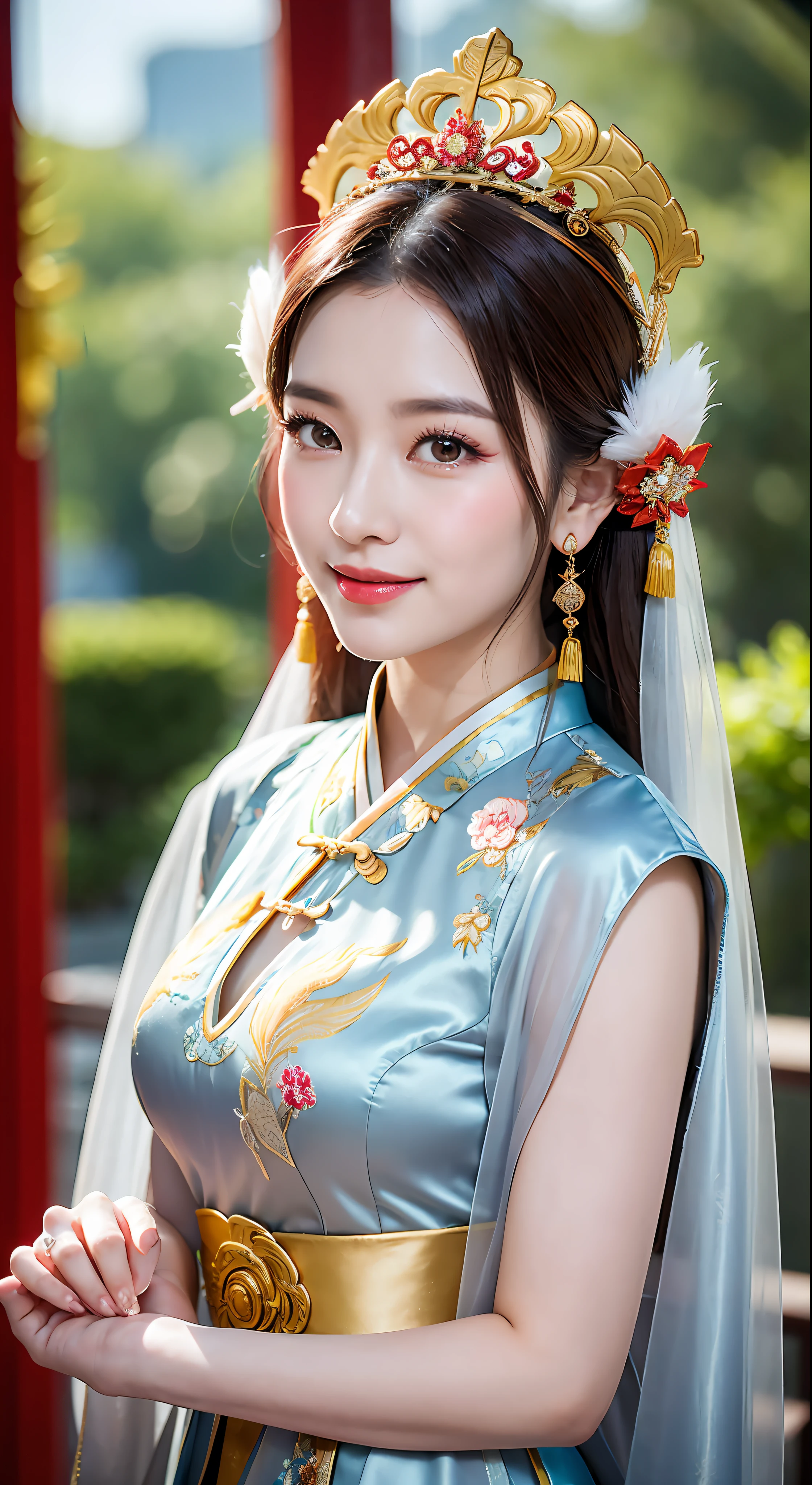 (8k, RAW Photo, Best Quality, Masterpiece: 1.2), (Realistic, Realistic: 1.37), 1 Girl, Woman in Gray Dress and Headdress Posing for Photo, Gorgeous Role Play, Beautiful Costume, Chinese Dress, Complex Dress, Complex Costume, Traditional Beauty, Gorgeous Chinese Model, Chinese Costume, Wearing Gorgeous Costume, Wearing Elegant Chinese Xiuhe Dress, Chinese Wedding Dress, Phoenix Crown Xia Hanging, Antique Bride, Xiuhe Dress, Close Up, Close-up, Phoenix Crown on the Head, Smile, Dragon and Phoenix Embroidery Dress