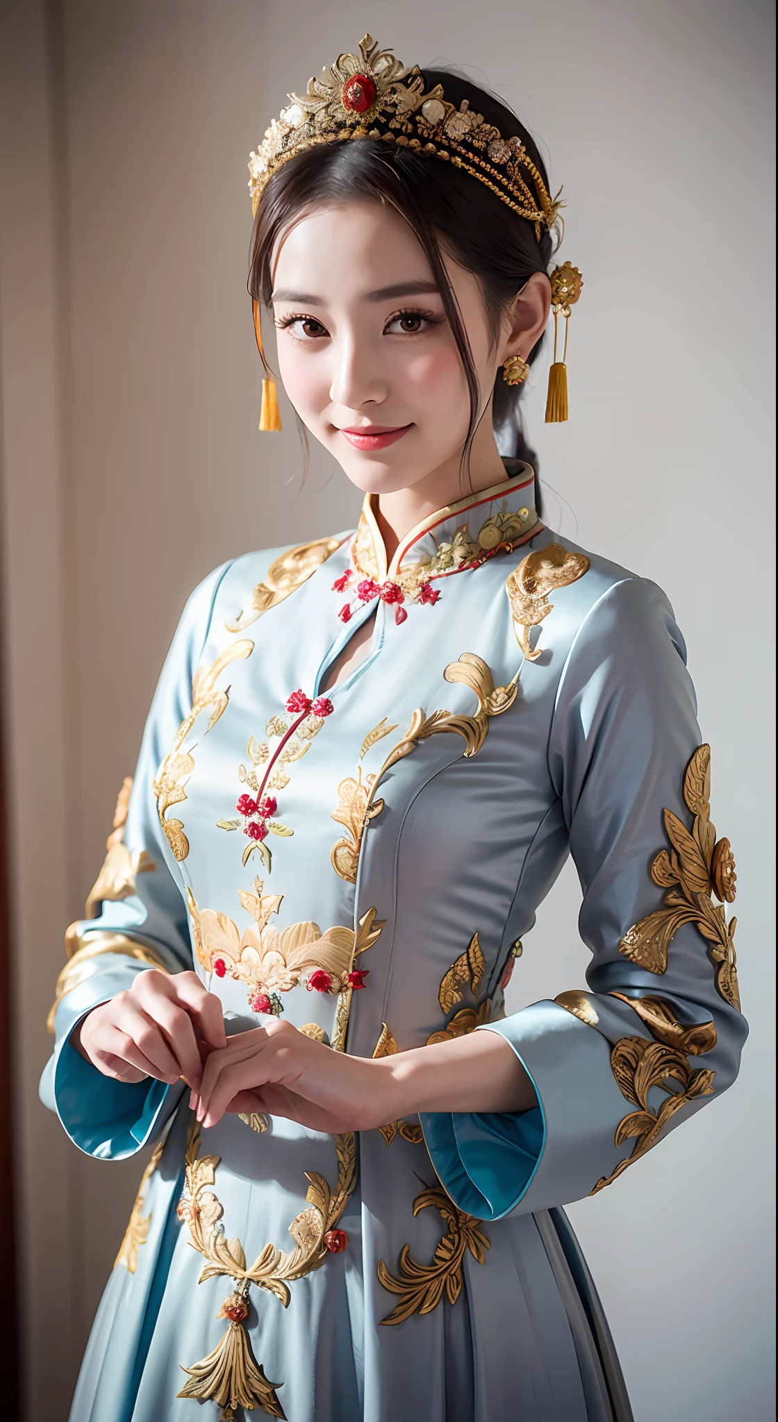 (8k, RAW Photo, Best Quality, Masterpiece: 1.2), (Realistic, Realistic: 1.37), 1 Girl, Woman in Gray Dress and Headdress Posing for Photo, Gorgeous Role Play, Beautiful Costume, Chinese Dress, Complex Dress, Complex Costume, Traditional Beauty, Gorgeous Chinese Model, Chinese Costume, Wearing Gorgeous Costume, Wearing Elegant Chinese Xiuhe Dress, Chinese Wedding Dress, Phoenix Crown Xia Hanging, Antique Bride, Xiuhe Dress, Close Up, Close-up, Phoenix Crown on the Head, Smile, Dragon and Phoenix Embroidery Dress
