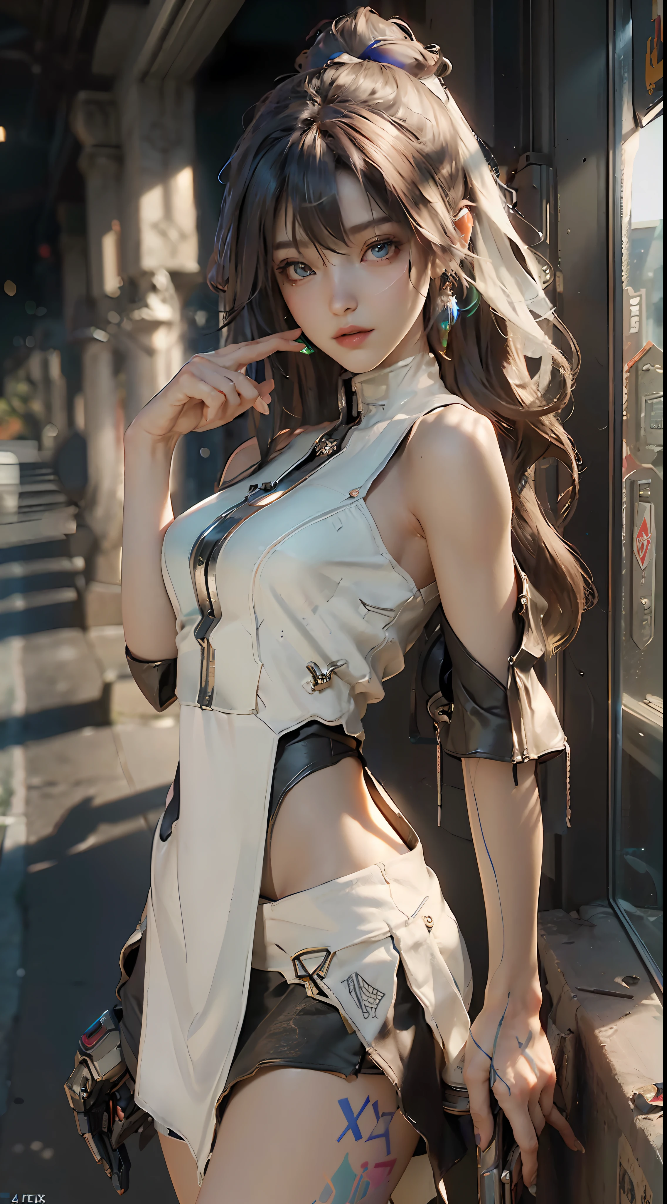 (Best Quality), ((Masterpiece), (Detail: 1.4), 3D, A Beautiful Cyberpunk Woman, HDR (High Dynamic Range), Ray Tracing, NVIDIA RTX, Super-Resolution, Unreal 5, Subsurface Scattering, PBR Textures, Post-Processing, Anisotropic Filtering, Depth of Field, Maximum Sharpness and Clarity, Multi-layer Textures, Albedo and Highlight Maps, Surface Shading, Accurate simulation of light-material interactions, perfect proportions, Octane Render, two-color light, large aperture, low ISO, white balance, rule of thirds, 8K RAW, nudity, off-the-shoulder, camisole vest, miniskirt, transparent attire, open waist, miniskirt //, very short, colorful graffiti on shoulders,