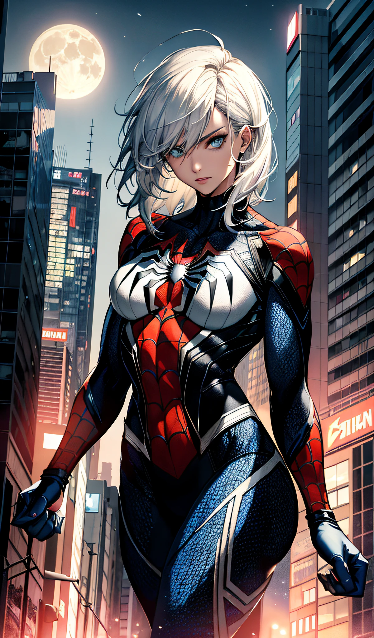 (Masterpiece, 4k resolution, ultra-realistic, very detailed), (White superhero theme, charismatic, there's a girl on top of town, wearing Spider-Man costume, she's a superhero), [ ((25 years), (long white hair:1.2), full body, (blue eyes:1.2), ((Spider-Man pose),show of strength, jumping from one building to another), ((sandy urban environment):0.8)| (cityscape, at night, dynamic lights), (full moon))] # Explanation: The Prompt mainly describes a 4K painting of ultra-high definition, very realistic, very detailed. It shows a superheroine at the top of the city, wearing a Spider-Man costume. The theme in the painting is a white superhero theme, the female protagonist has long white hair, is 25 years old and her entire body is shown in the painting. In terms of portraying the actions of superheroines, spiders are employed