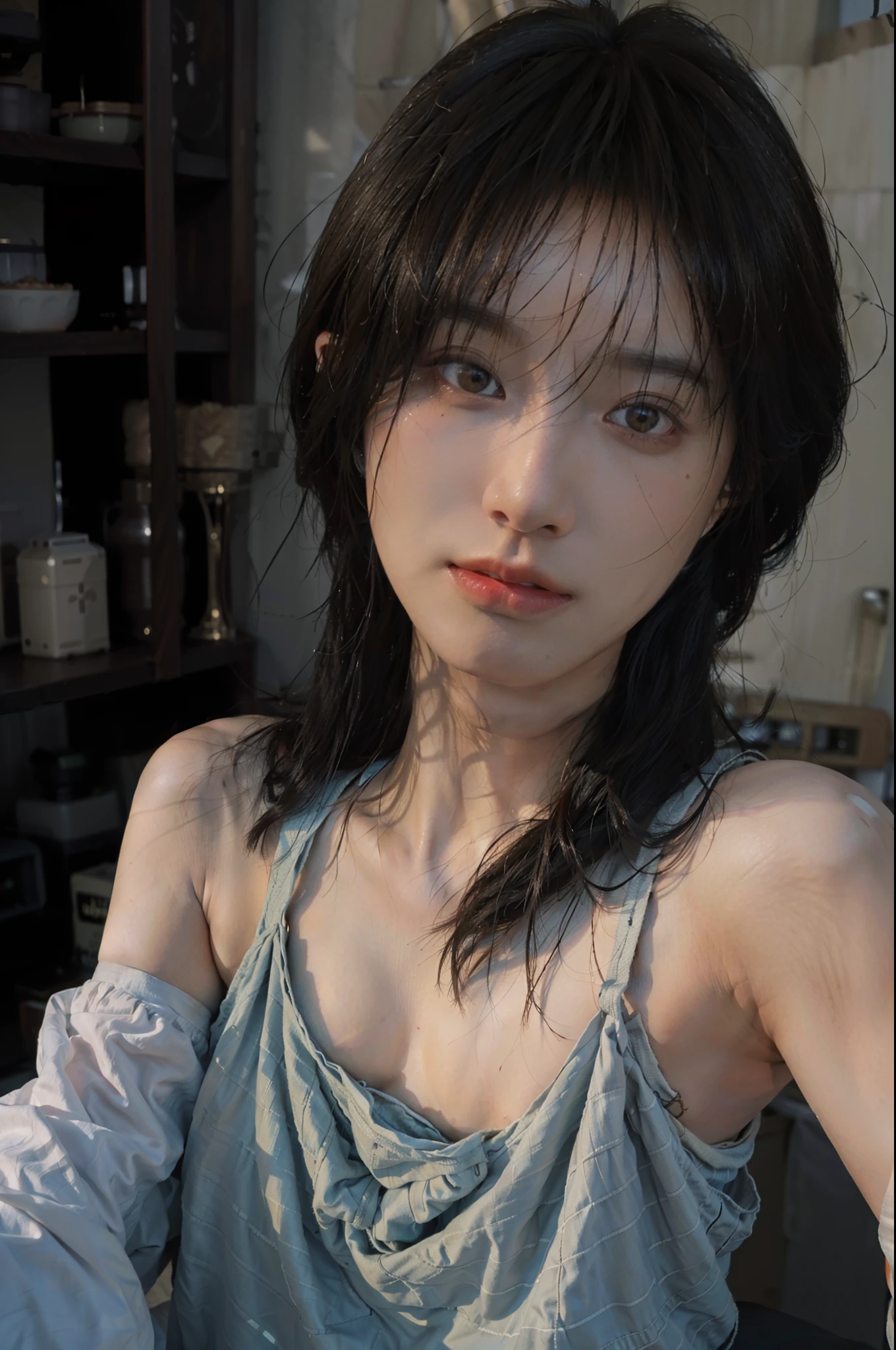 8K,Best quality, masterpiece, ultra high res, (photorealistic:1.4), raw photo, (Authentic skin texture:1.3), (film grain:1.3), (selfie angle),1girl,beautiful detailed eyes and face,masterpiece, best quality,close-up,upper bod,