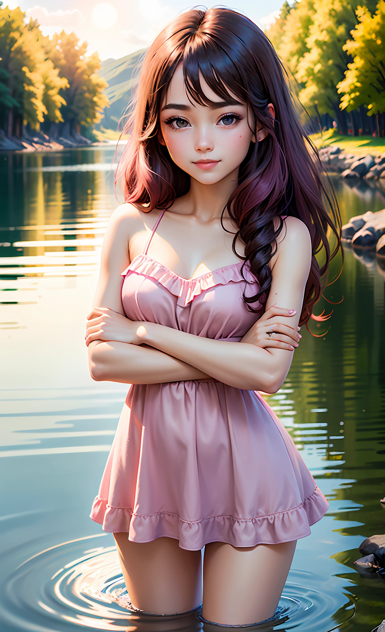 (1 girl,)(( hightest resolution,distinct-image))((mature faemel)) (black eyes:1.2), brown long hair, ((night pink sexy dress:1.2)) ((short red+pink dress:1.3))poised posture, porcelain skin, subtle blush, beautiful body,smiling, water skin,((water pank:))smart beautiful body,smile, very beautiful face,((looking nikon cmera:1.2))
blue sky, sunshine,(rim lighting):1.2, warm tones, sun flare, soft shadows, vibrant colors, painterly effect,scenic lake, calm water, reflection, sunlight clouds, peaceful ambiance, idyllic sunset, ultra detailed, official art, 4k 8k hd wallpaper