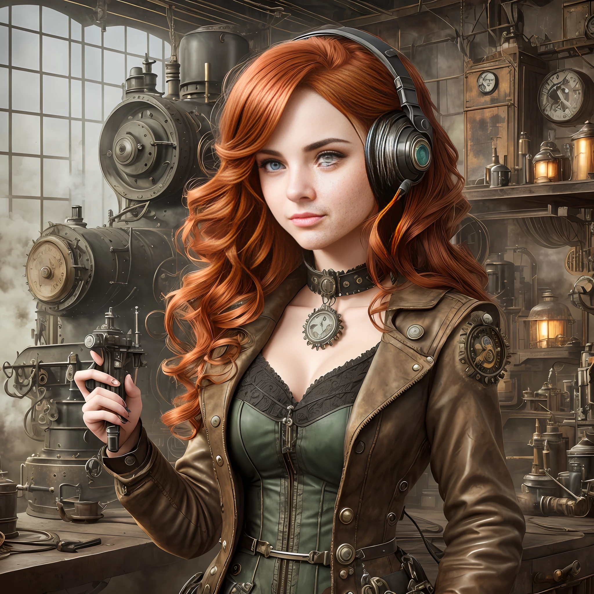(a 19 yo girl, (Ana de Armas:0.35), (redhead:1.1)), cute smile, (perfect eyes:1.1), looking at me, wavy hair, steampunk jumpsuit, intercom headset, steampunk choker, long leather boots, perfect detailed face, detailed symmetric green eyes with circular iris,working in the steampunk garage fixing a steam engine, onvex lenses, intricate, hdr, intricate details, detailed, cinematic, cogs and gears, steamy background with lots of steam pipes and steam valves and pressure gauges and gears, realistic, stunning realistic photograph, 3d render, octane render, cinematic, Isometric, Centered, hyperealistic cover photo, awesome full color, 12k, high definition, portrait featured on unsplash, smooth, ultra high definition, 8k, ultra sharp focus, intricate artwork, masterpiece, ominous, epic, highly detailed, warm cinematic