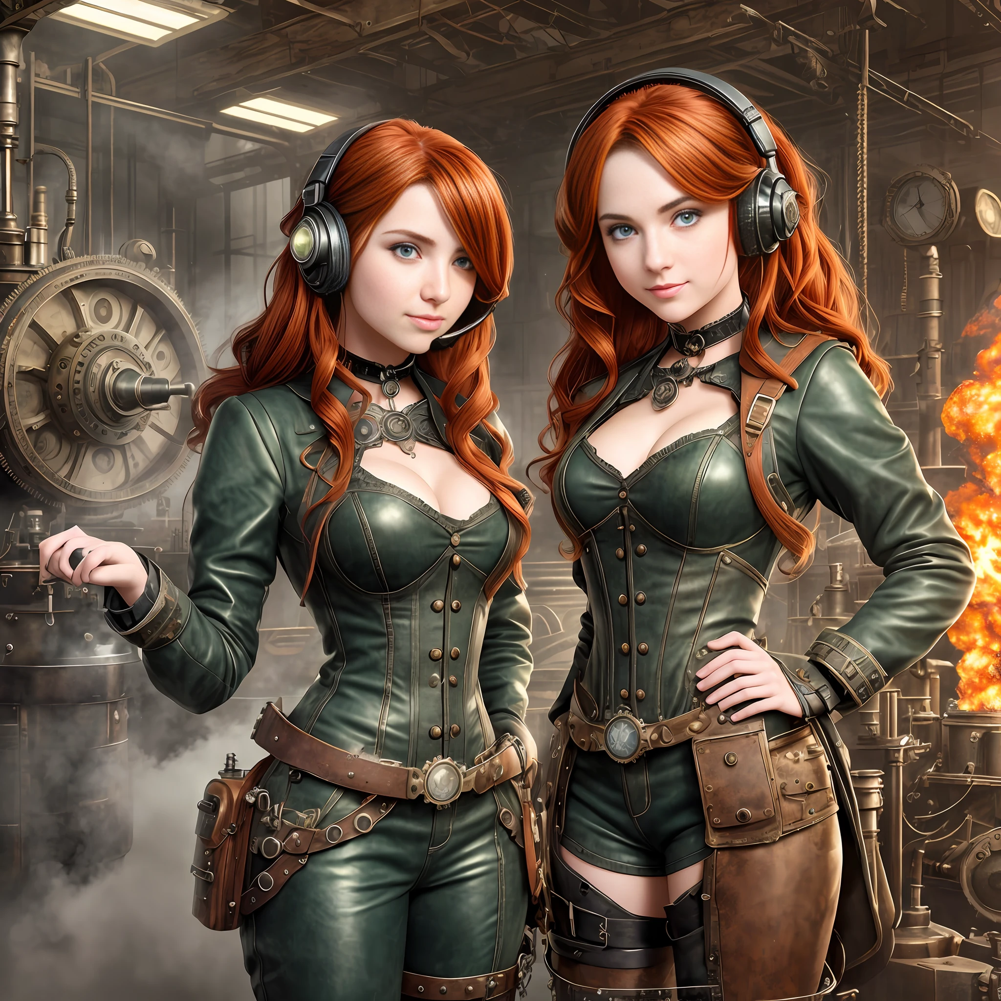 (a 19 yo girl, (Ana de Armas:0.35), (redhead:1.1)), cute smile, (perfect eyes:1.1), looking at me, wavy hair, steampunk jumpsuit, intercom headset, steampunk choker, long leather boots, perfect detailed face, detailed symmetric green eyes with circular iris,working in the steampunk garage fixing a steam engine, onvex lenses, intricate, hdr, intricate details, detailed, cinematic, cogs and gears, steamy background with lots of steam pipes and steam valves and pressure gauges and gears, realistic, stunning realistic photograph, 3d render, octane render, cinematic, Isometric, Centered, hyperealistic cover photo, awesome full color, 12k, high definition, portrait featured on unsplash, smooth, ultra high definition, 8k, ultra sharp focus, intricate artwork, masterpiece, ominous, epic, highly detailed, warm cinematic