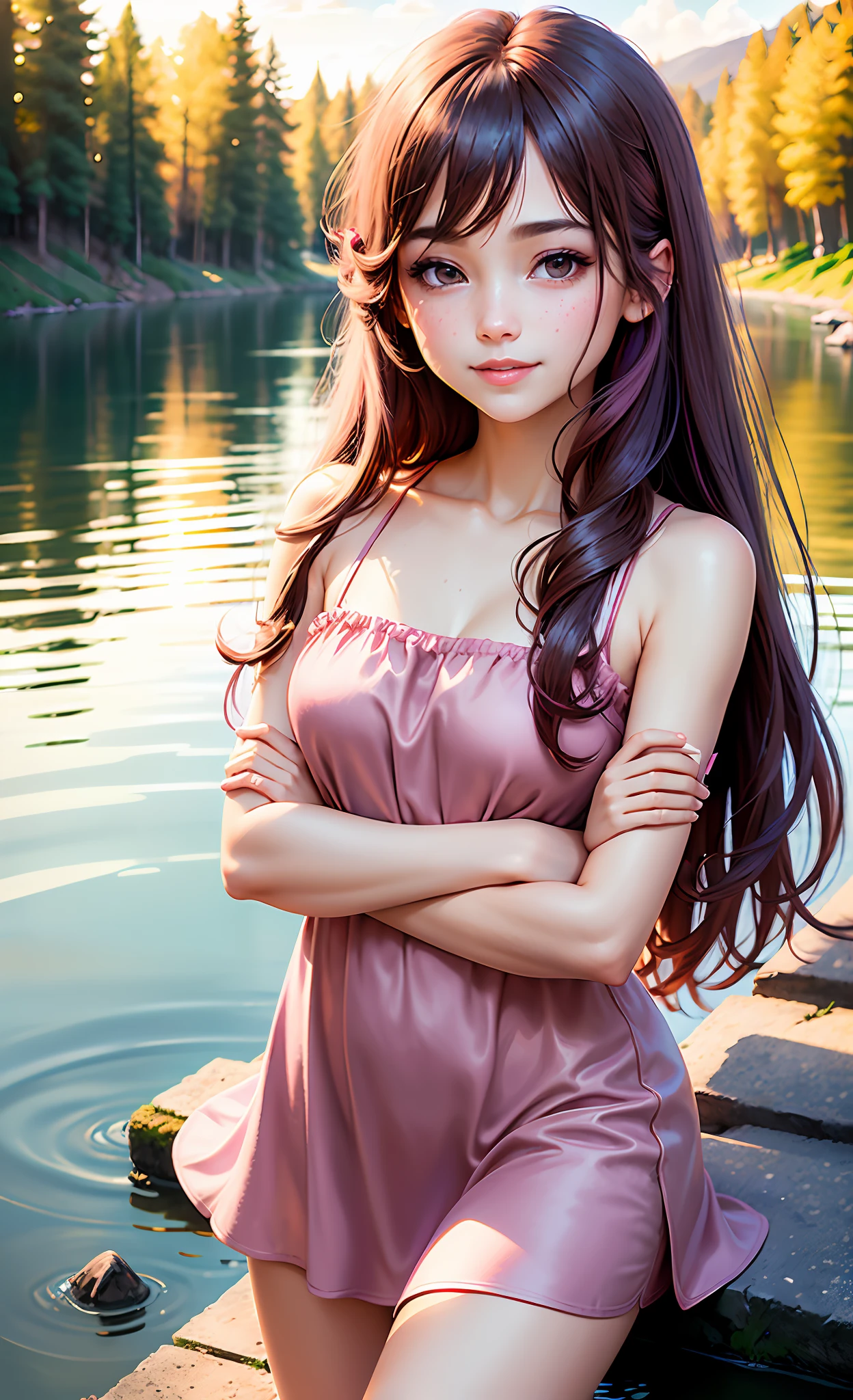 (1 girl,)(( hightest resolution,distinct-image))((mature faemel)) (black eyes:1.2), brown long hair, ((night pink sexy dress:1.2)) ((short red+pink dress:1.3))poised posture, porcelain skin, subtle blush, beautiful body,smiling, water skin,((water pank:))smart beautiful body,smile, very beautiful face,((looking nikon cmera:1.2))
blue sky, sunshine,(rim lighting):1.2, warm tones, sun flare, soft shadows, vibrant colors, painterly effect,scenic lake, calm water, reflection, sunlight clouds, peaceful ambiance, idyllic sunset, ultra detailed, official art, 4k 8k hd wallpaper