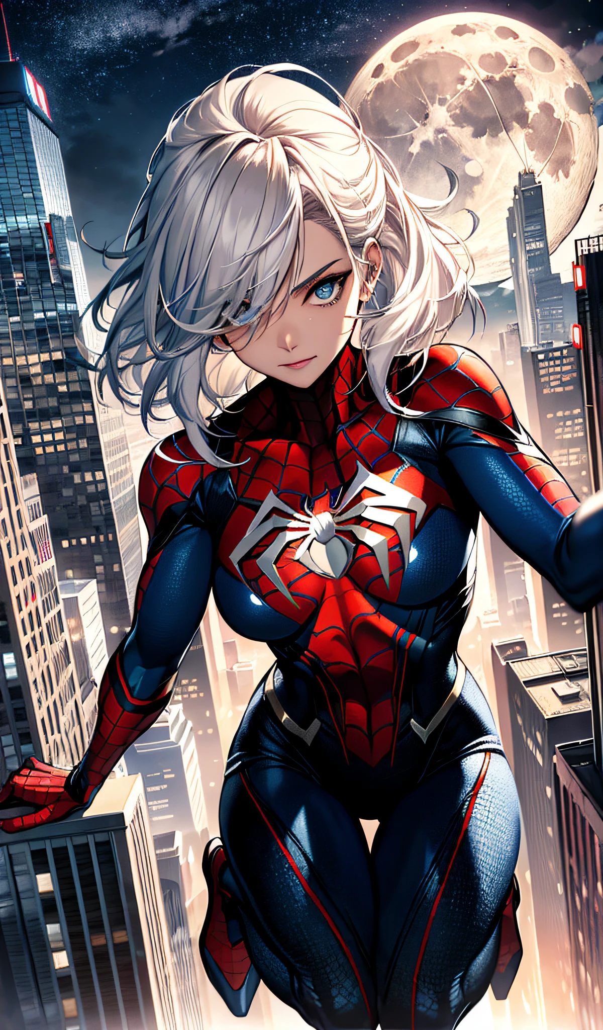 (Masterpiece, 4k resolution, ultra-realistic, very detailed), (White superhero theme, charismatic, there's a girl on top of town, wearing Spider-Man costume, she's a superhero), [ ((25 years), (long white hair:1.2), full body, (blue eyes:1.2), ((Spider-Man pose),show of strength, jumping from one building to another), ((sandy urban environment):0.8)| (cityscape, at night, dynamic lights), (full moon))] # Explanation: The Prompt mainly describes a 4K painting of ultra-high definition, very realistic, very detailed. It shows a superheroine at the top of the city, wearing a Spider-Man costume. The theme in the painting is a white superhero theme, the female protagonist has long white hair, is 25 years old and her entire body is shown in the painting. In terms of portraying the actions of superheroines, spiders are employed