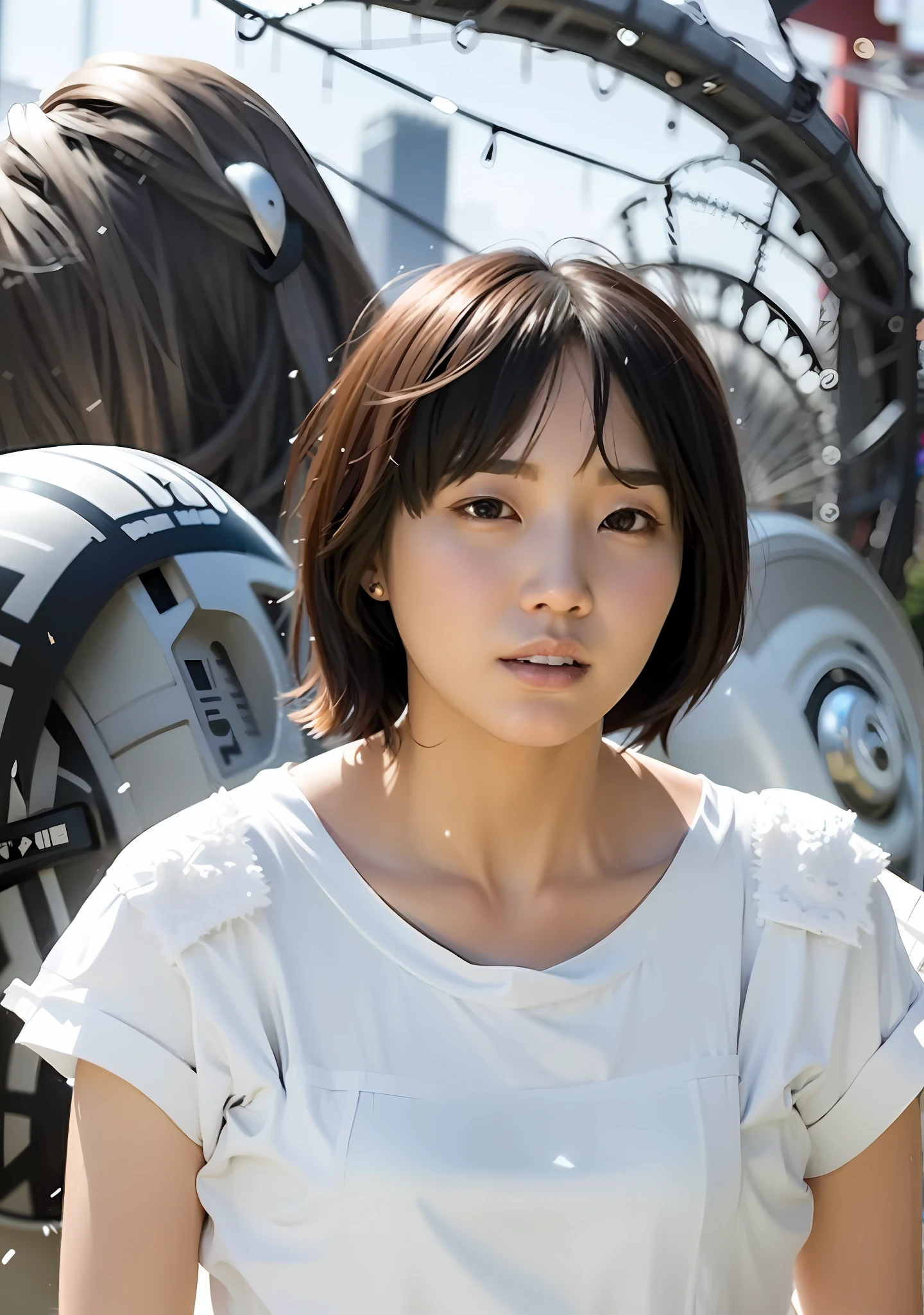 araffe woman in white shirt standing in front of a group of people, with short hair, female actress from korea, iu lee ji-eun as a super villain, kwak ji young, lee ji - eun, lee ji-eun, shin min jeong, korean woman, park ji-min, kim hyun joo, heonhwa choe, cute korean actress