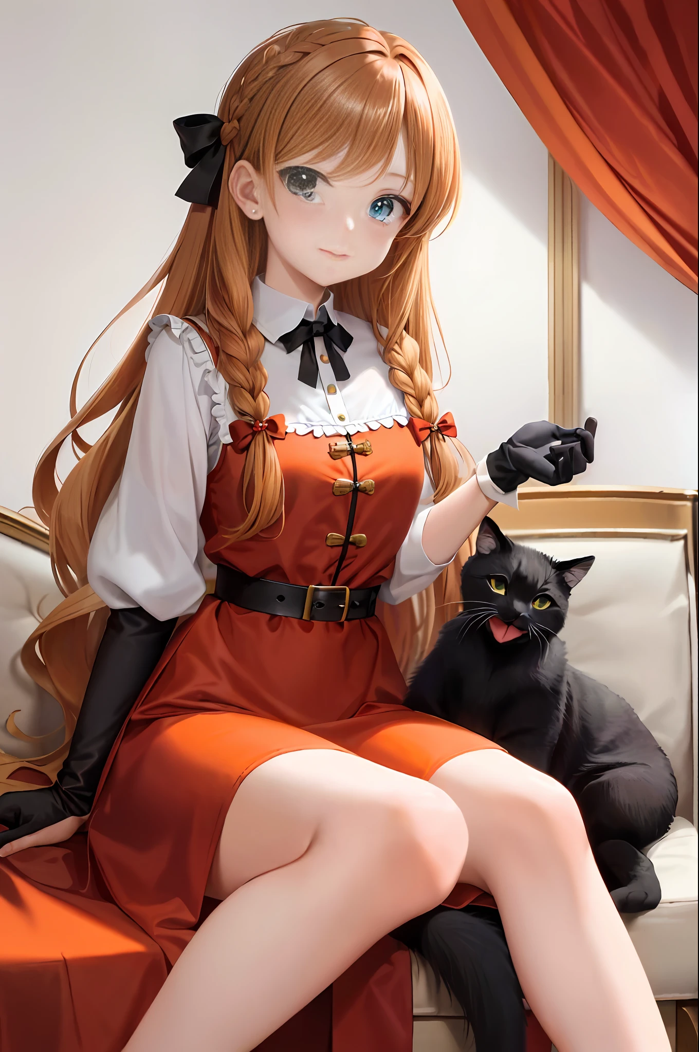 Masterpiece, top quality, super detailed, beautiful lighting, 1 girl, (light brown hair: 1.4) and orange hair mixed with hair, straight long hair with braided bangs and ribbons at the tips, emerald green eyes, +_+, wine red ruffled tunic, red ribbon with brooch at the collar, smile, watch the viewer, relax and comfortable stay in the luxury suite, ( Holding a black cat)