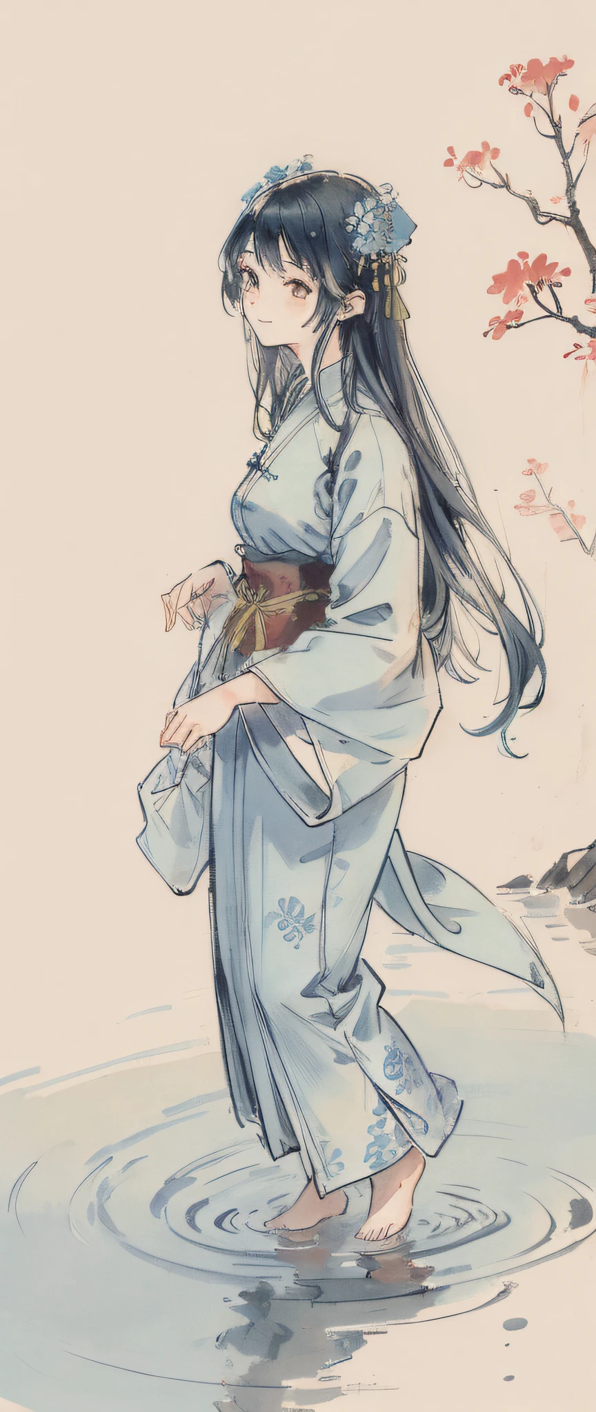 ((4k,masterpiece,best quality)), shuimobysim, traditional chinese ink painting, lotus, hanfu, maxiskit, dress conservatively 1girl, solo, long blue hair, smile, standing, feet in the water, barefoot,