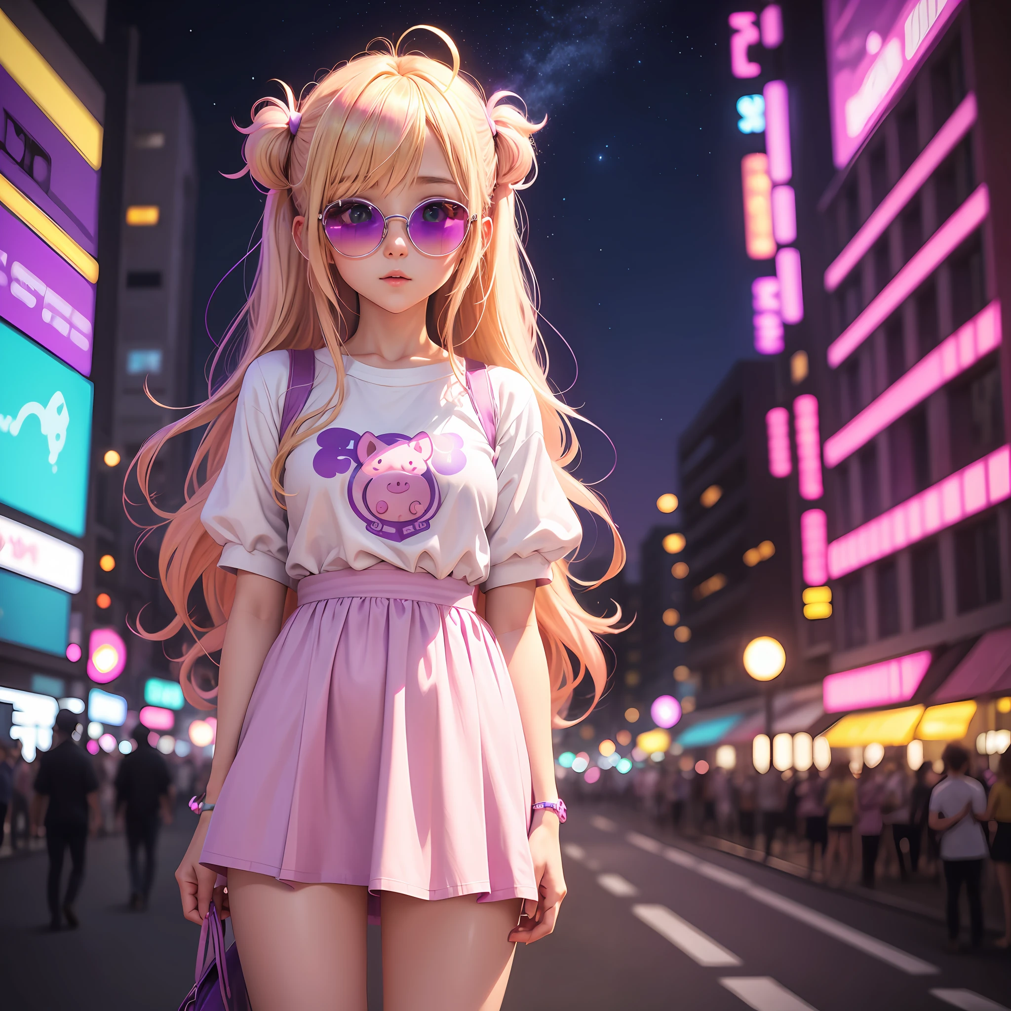 Cute anime girl blonde hair pig tails with violet colored eyes wearing pink transparent sunglasses under pink blue purple city lights surrounded by glowing yellow stars --auto --s2