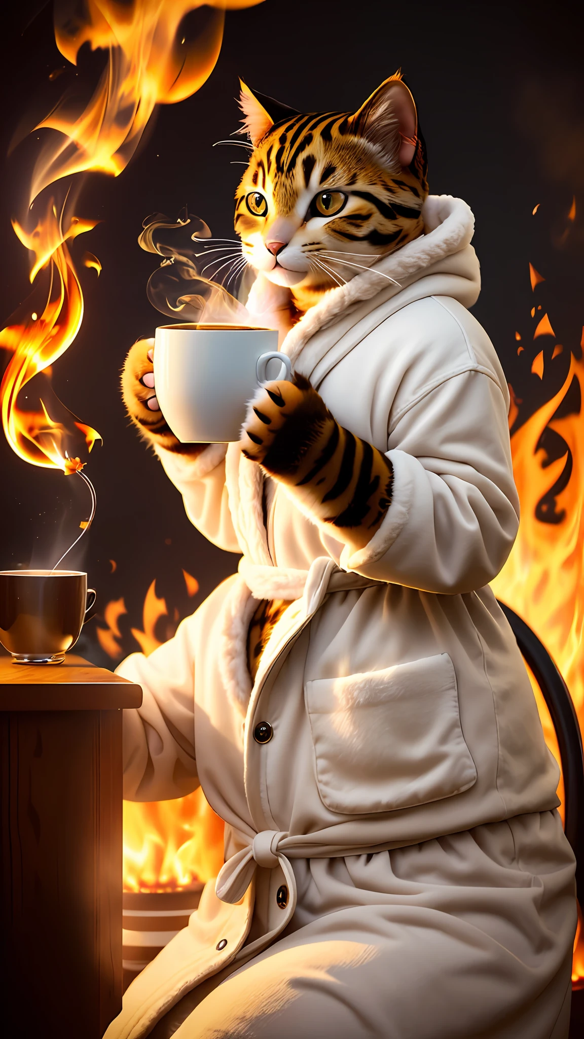 (best quality:1.23), (masterpiece:1.12), (realistic:1.24), (anthropomorphic cat:1.5) holding a cup of coffee, sitting, in a bathrobe, eating breakfast and holding a cup of coffee, hat, particles, volumetric lighting, room burning, burning floor and chair, many gadgets and equipment on fire, smoke, (flames around:1.2),