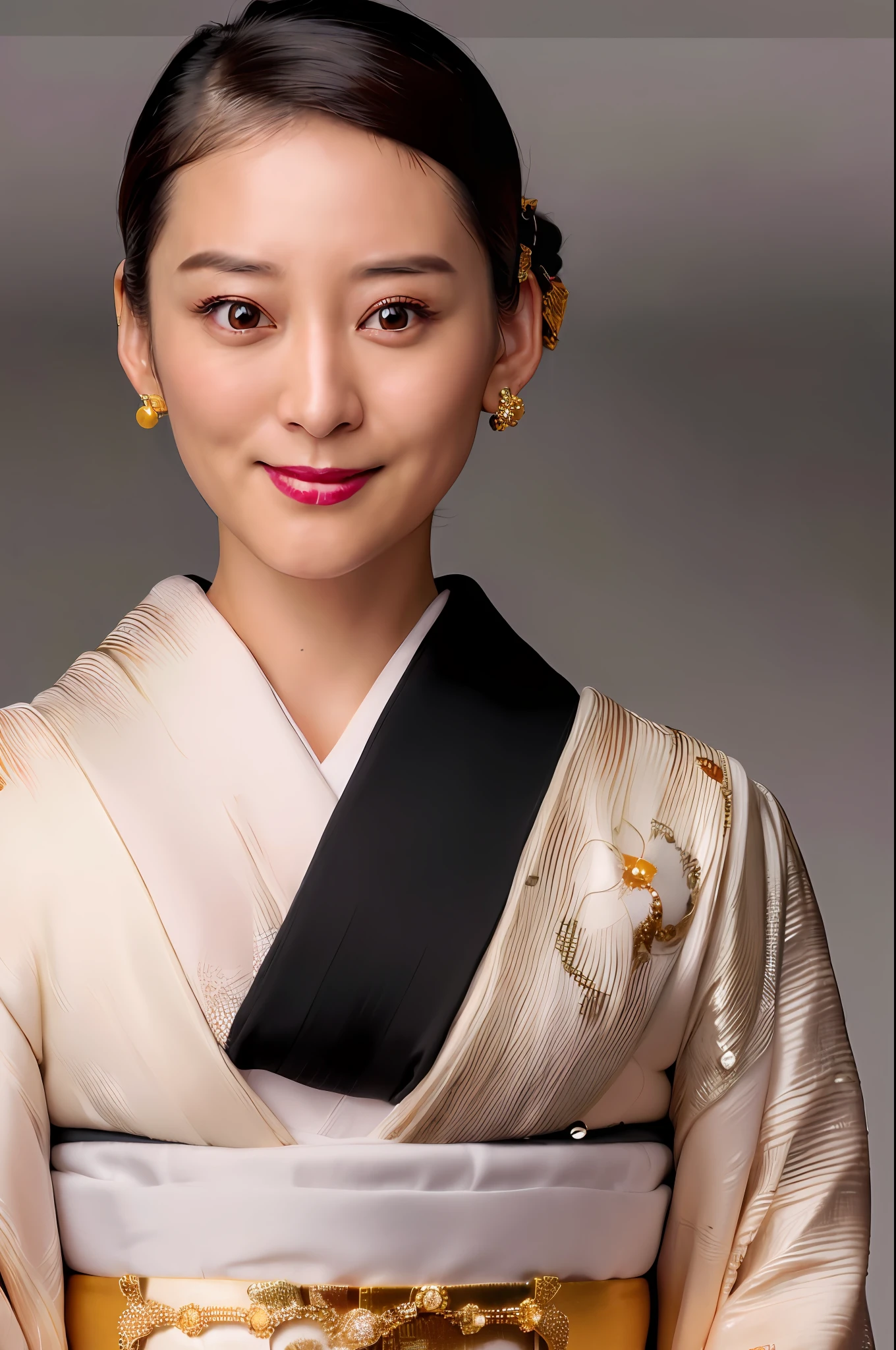 (4k, best quality, highres:1.2), (realistic, photo-realistic:1.37), Emi Takei,
1girl, detailed eyes, smile, earrings, jewelry, black_hair, brown_eyes, lips, kimono, obi, luxury kimono, golden kimono, (facing viewer, looking at viewer:1.8),